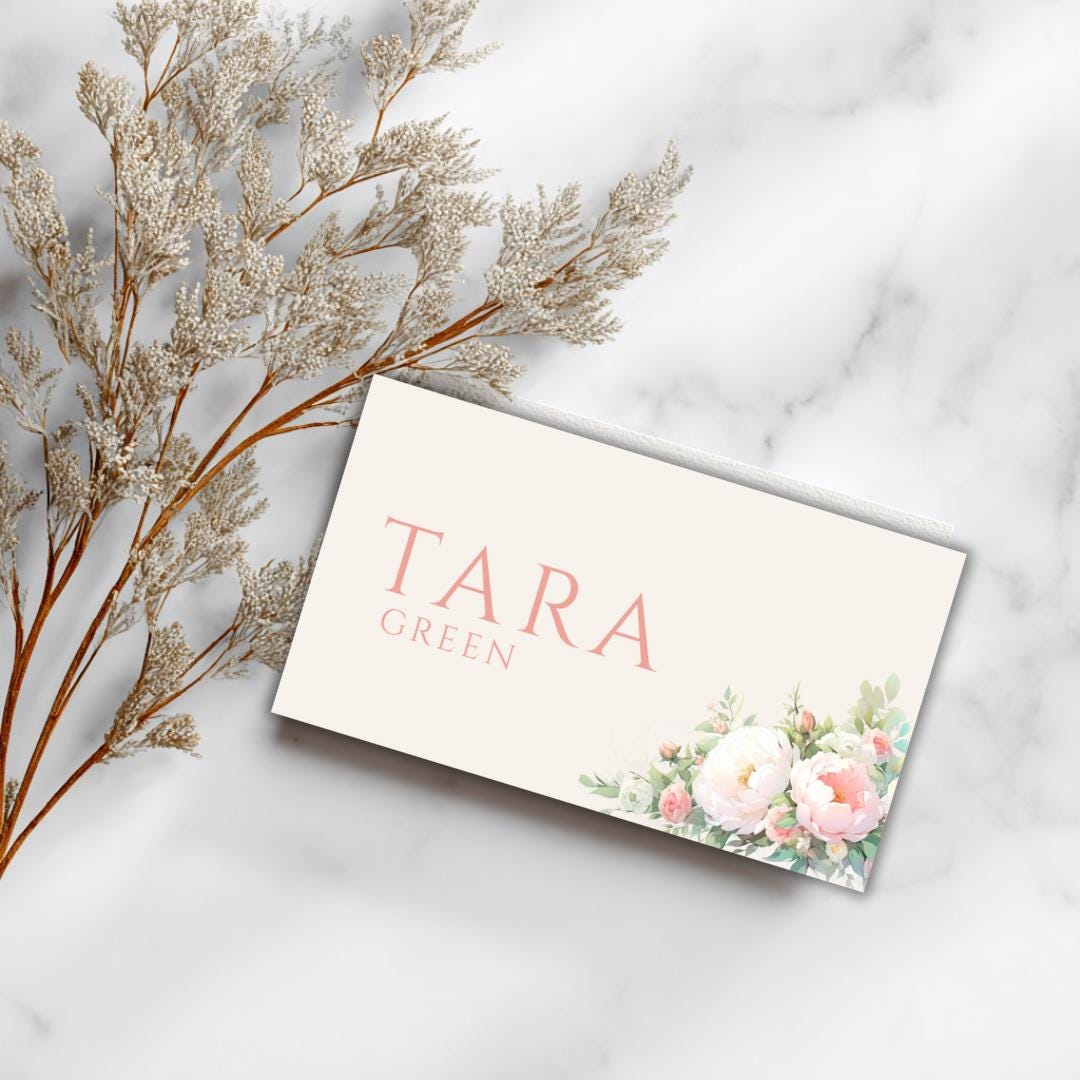 Pink and Green Flower Wedding Place Card Template - Pink Floral, Editable in Canva (Instant Download)