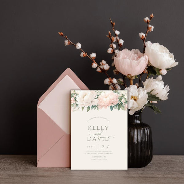 Boho Floral Wedding Invitation Template: Soft Pink, Editable Canva (Digital Download)