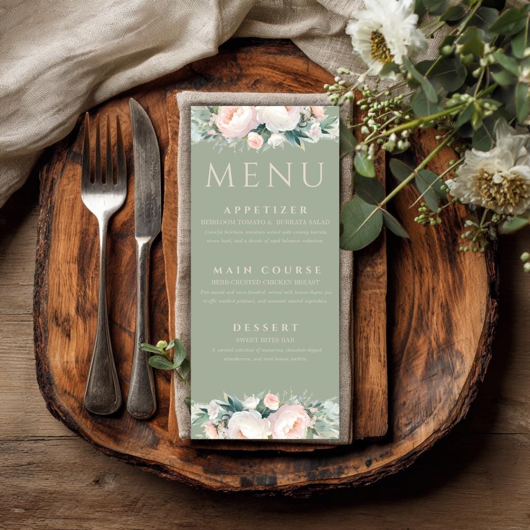 Pink and Green Flowers Wedding Menu Template - Sage Green Floral, Canva Template, Instant Download, DIY Bride