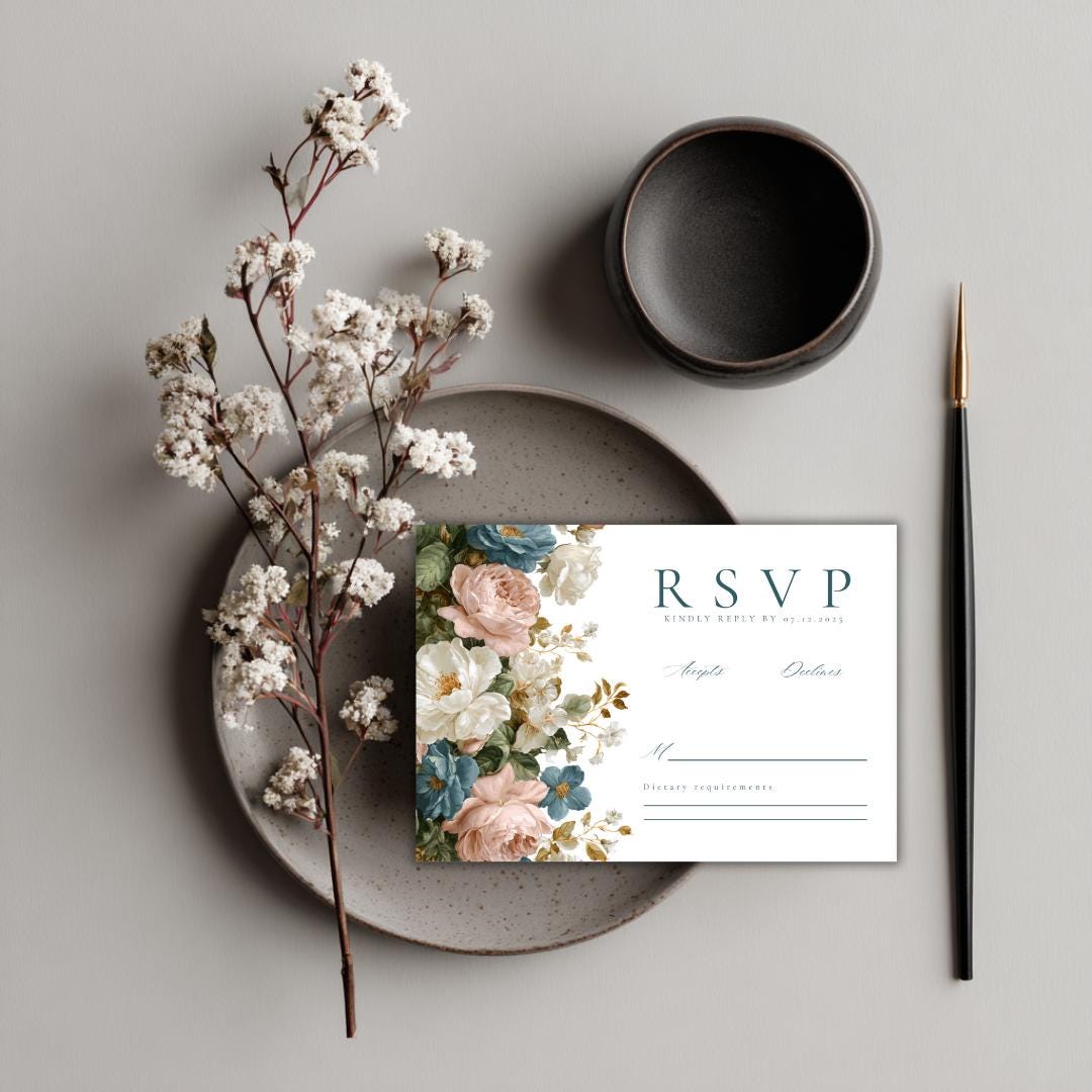 Rococo Floral Wedding RSVP Card Template | Editable Canva RSVP | Elegant Blue & Pink Floral Design | Printable Wedding Template