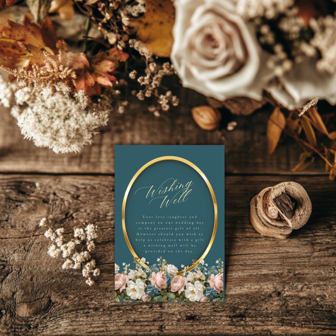 Rococo Floral Wishing Well Card Template | Editable Canva Wedding Insert | Elegant Blue & Blush Floral Design | Printable Gift Poem Card