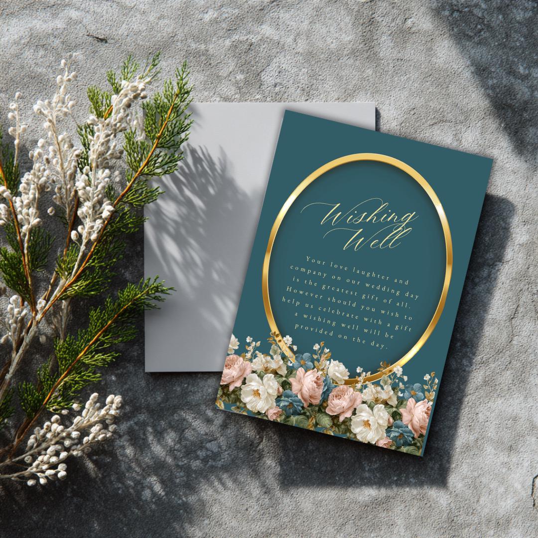 Rococo Floral Wishing Well Card Template | Editable Canva Wedding Insert | Elegant Blue & Blush Floral Design | Printable Gift Poem Card