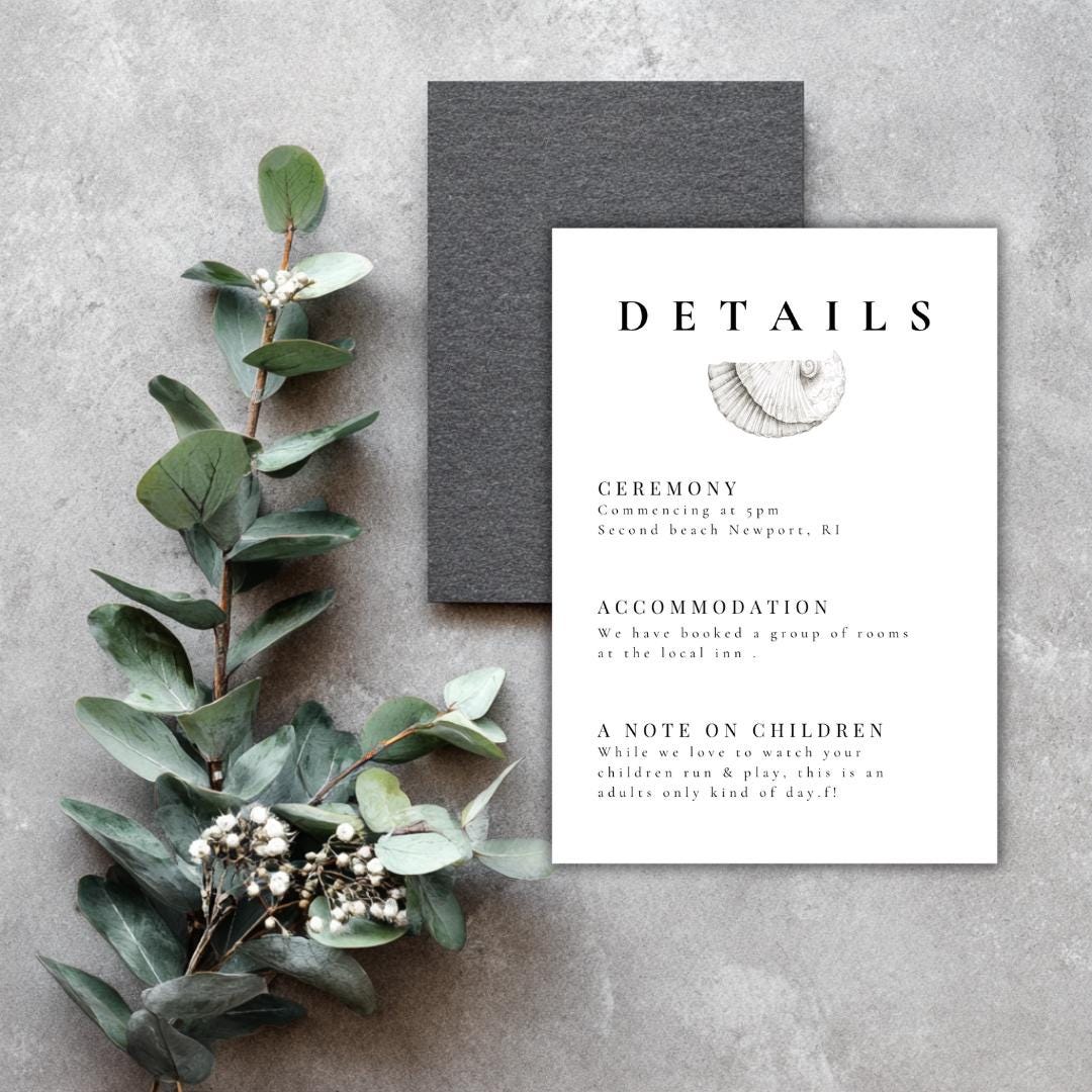 Simple Seashell Wedding Details Card Template | Editable Canva Beach Wedding Insert | Minimal Coastal Design | Printable Info Card