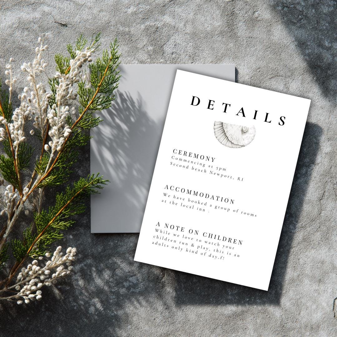 Simple Seashell Wedding Details Card Template | Editable Canva Beach Wedding Insert | Minimal Coastal Design | Printable Info Card