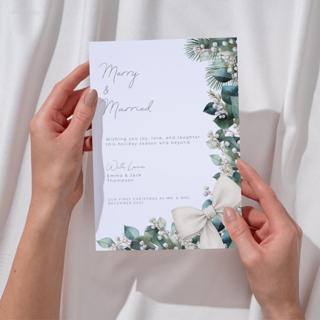 Merry & Married Holiday Card Template | Editable First Christmas Married Card | Holly Greenery Newlywed Christmas Card | Canva Template