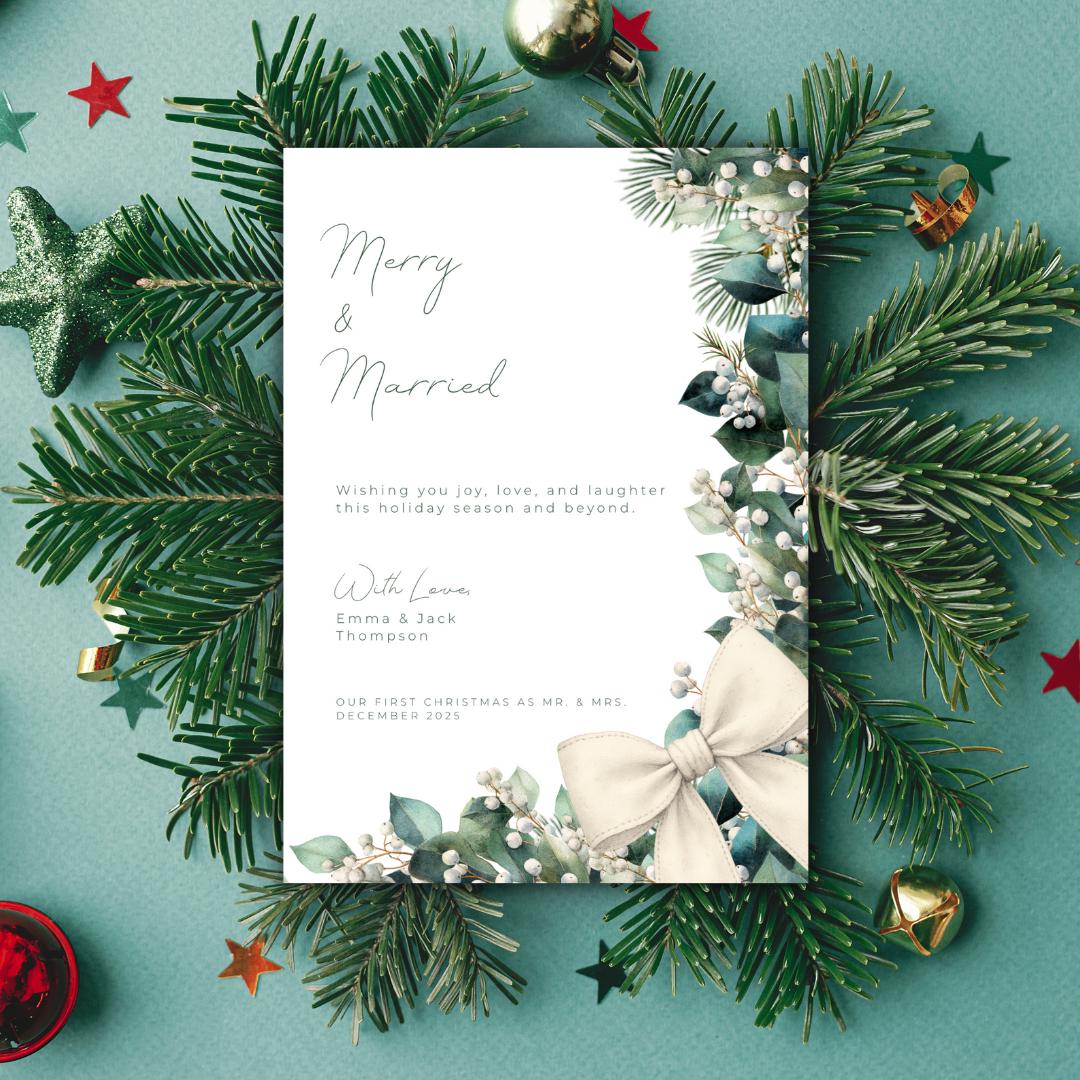 Merry & Married Holiday Card Template | Editable First Christmas Married Card | Holly Greenery Newlywed Christmas Card | Canva Template