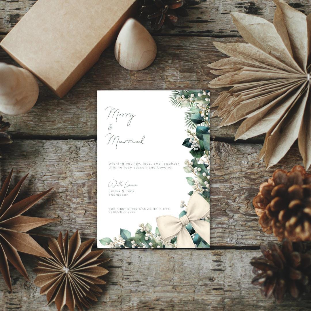Merry & Married Holiday Card Template | Editable First Christmas Married Card | Holly Greenery Newlywed Christmas Card | Canva Template