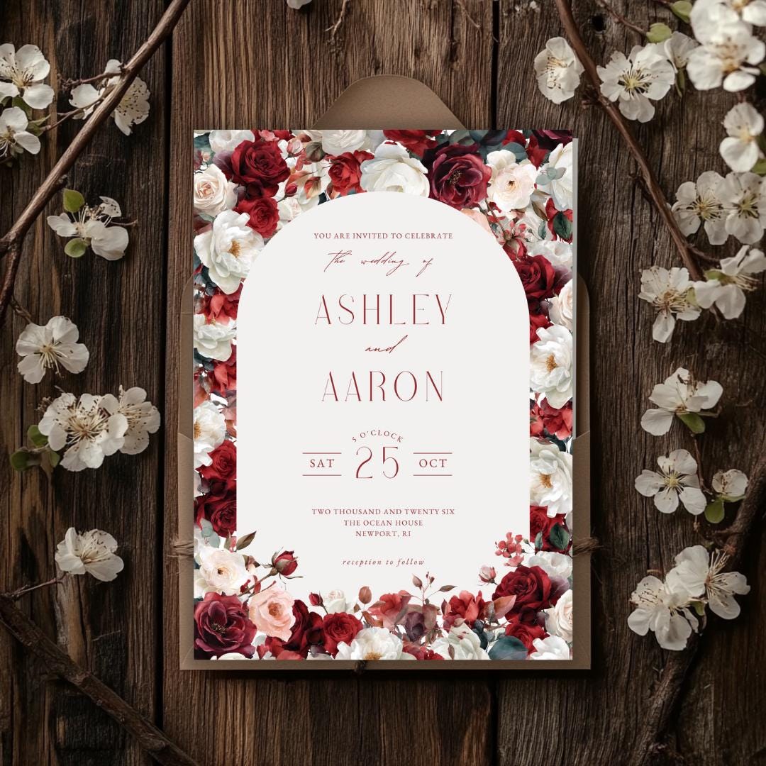 Red & White Floral Wedding Invitation Template (Canva Editable)