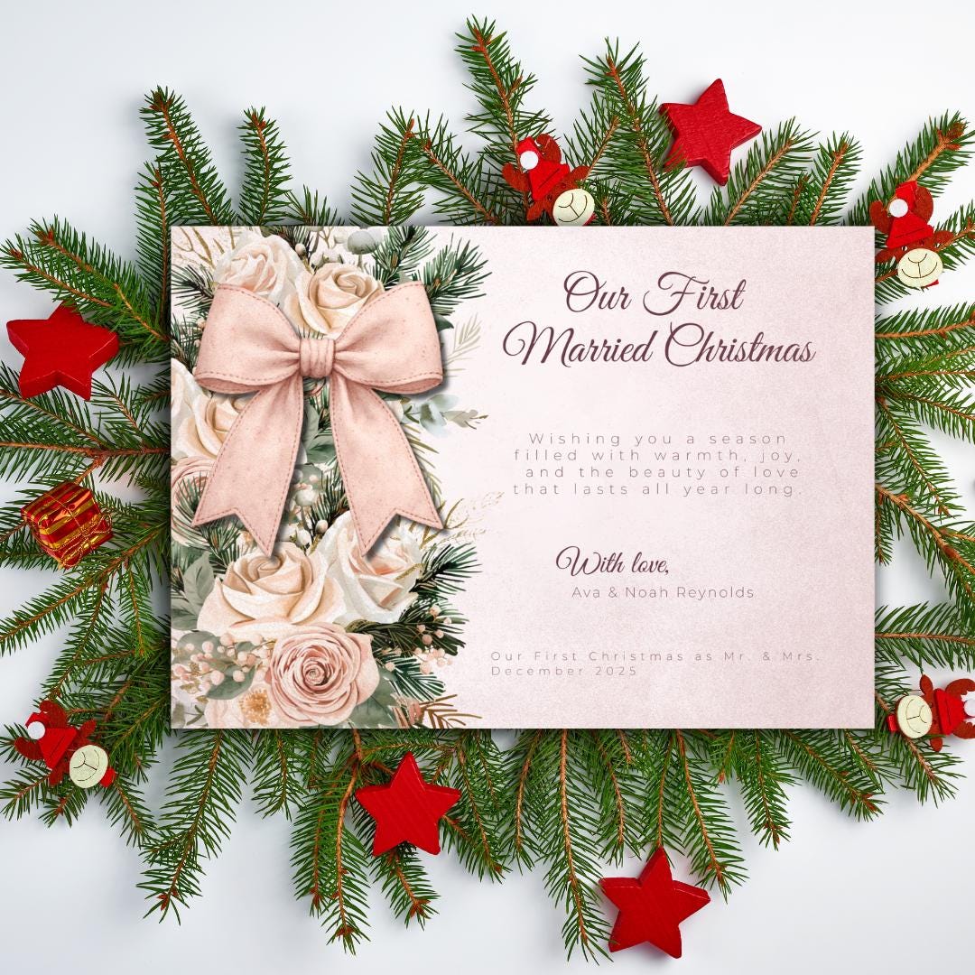 Our First Married Christmas Card Template | Editable Newlywed Holiday Card | Blush Floral Bow Christmas Card | Canva Template