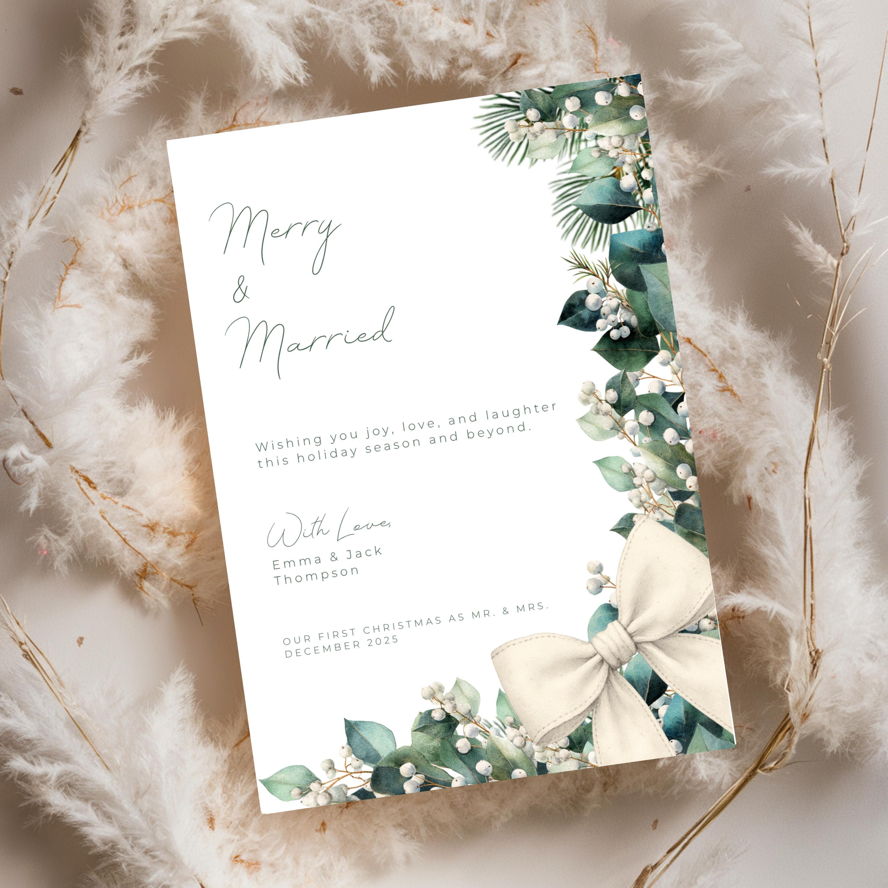Merry & Married Holiday Card Template | Editable First Christmas Married Card | Holly Greenery Newlywed Christmas Card | Canva Template