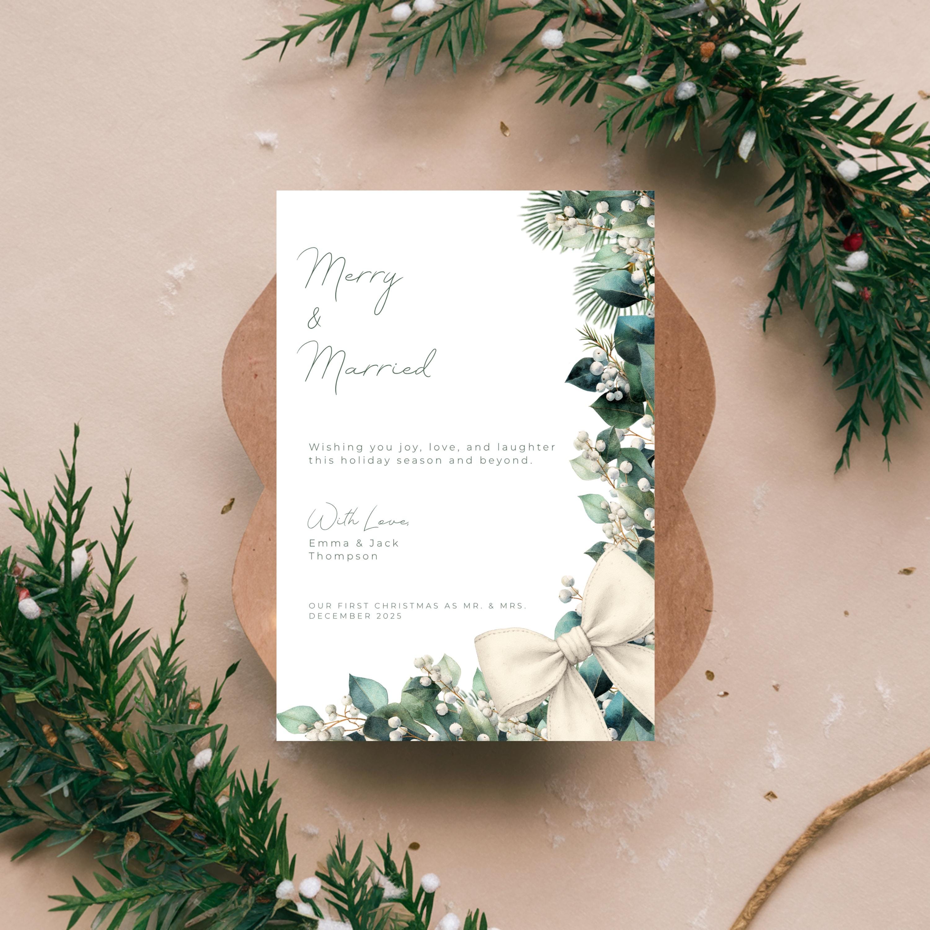 Merry & Married Holiday Card Template | Editable First Christmas Married Card | Holly Greenery Newlywed Christmas Card | Canva Template