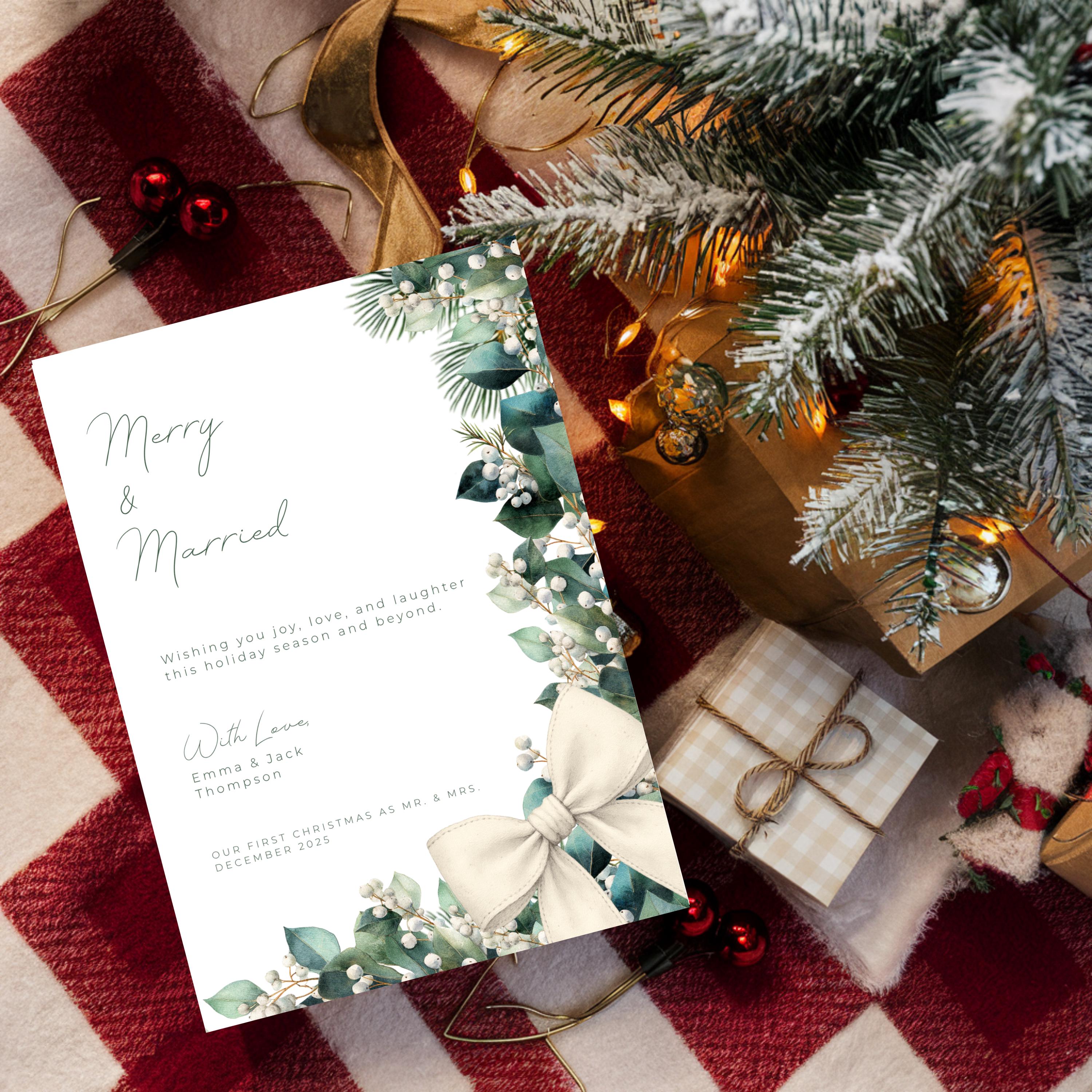 Merry & Married Holiday Card Template | Editable First Christmas Married Card | Holly Greenery Newlywed Christmas Card | Canva Template
