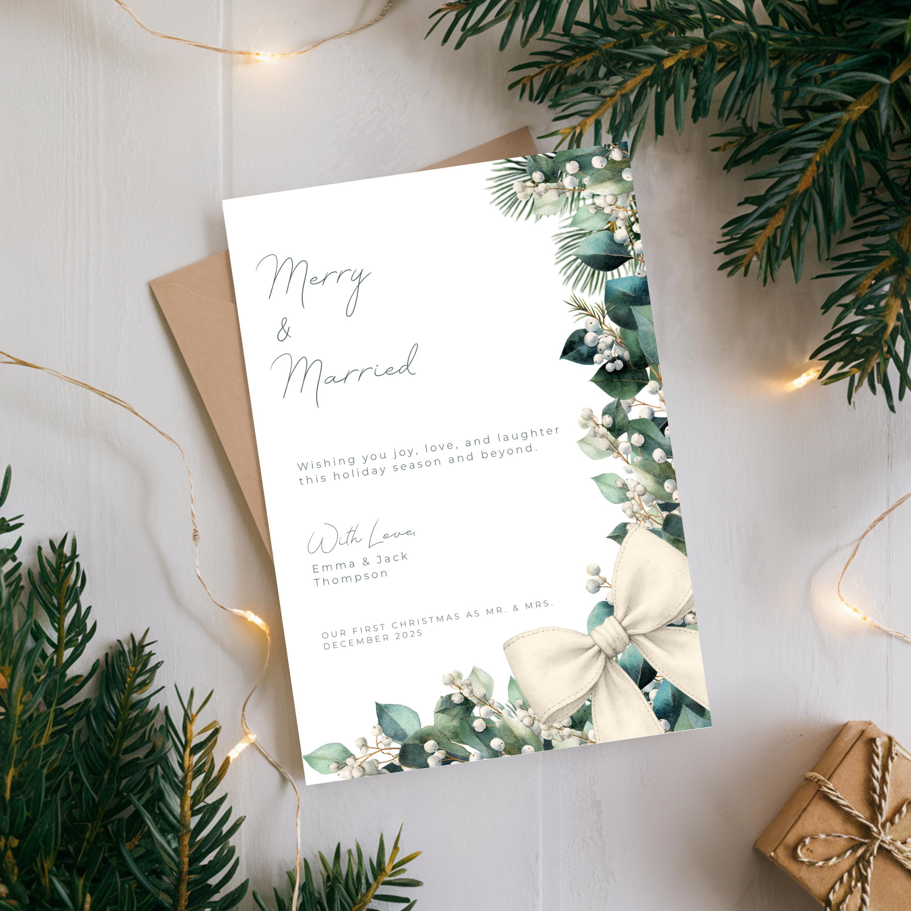 Merry & Married Holiday Card Template | Editable First Christmas Married Card | Holly Greenery Newlywed Christmas Card | Canva Template