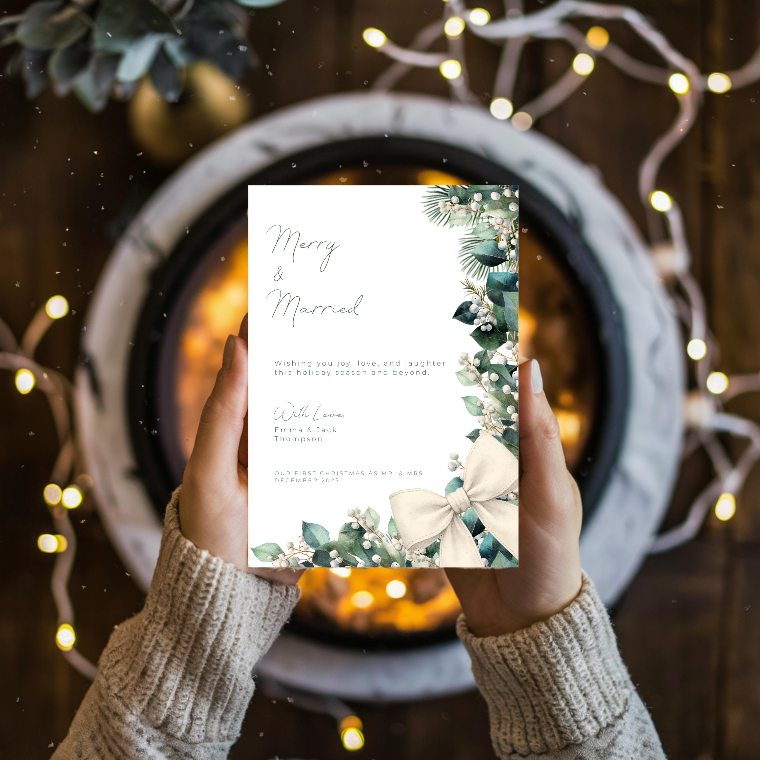 Merry & Married Holiday Card Template | Editable First Christmas Married Card | Holly Greenery Newlywed Christmas Card | Canva Template