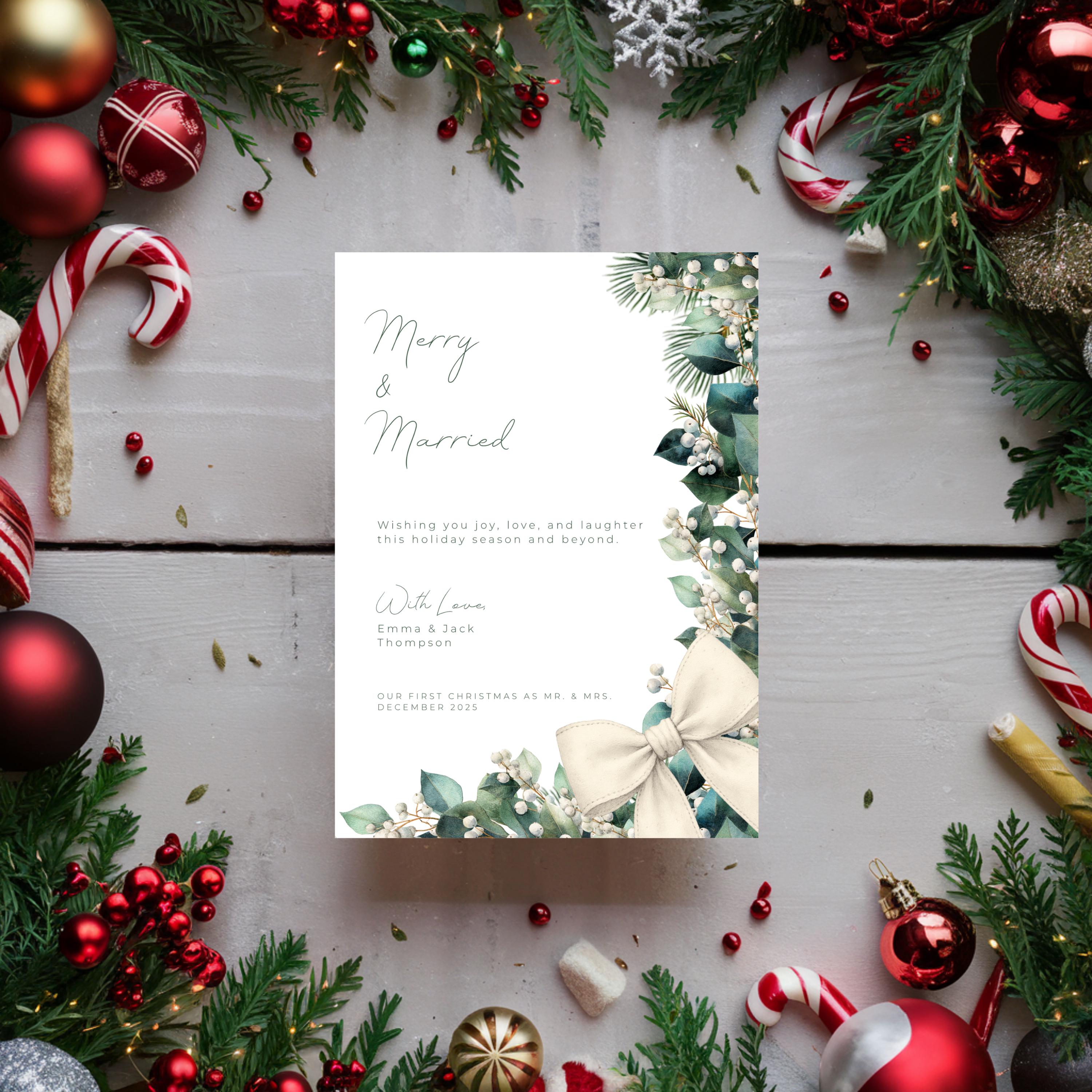 Merry & Married Holiday Card Template | Editable First Christmas Married Card | Holly Greenery Newlywed Christmas Card | Canva Template