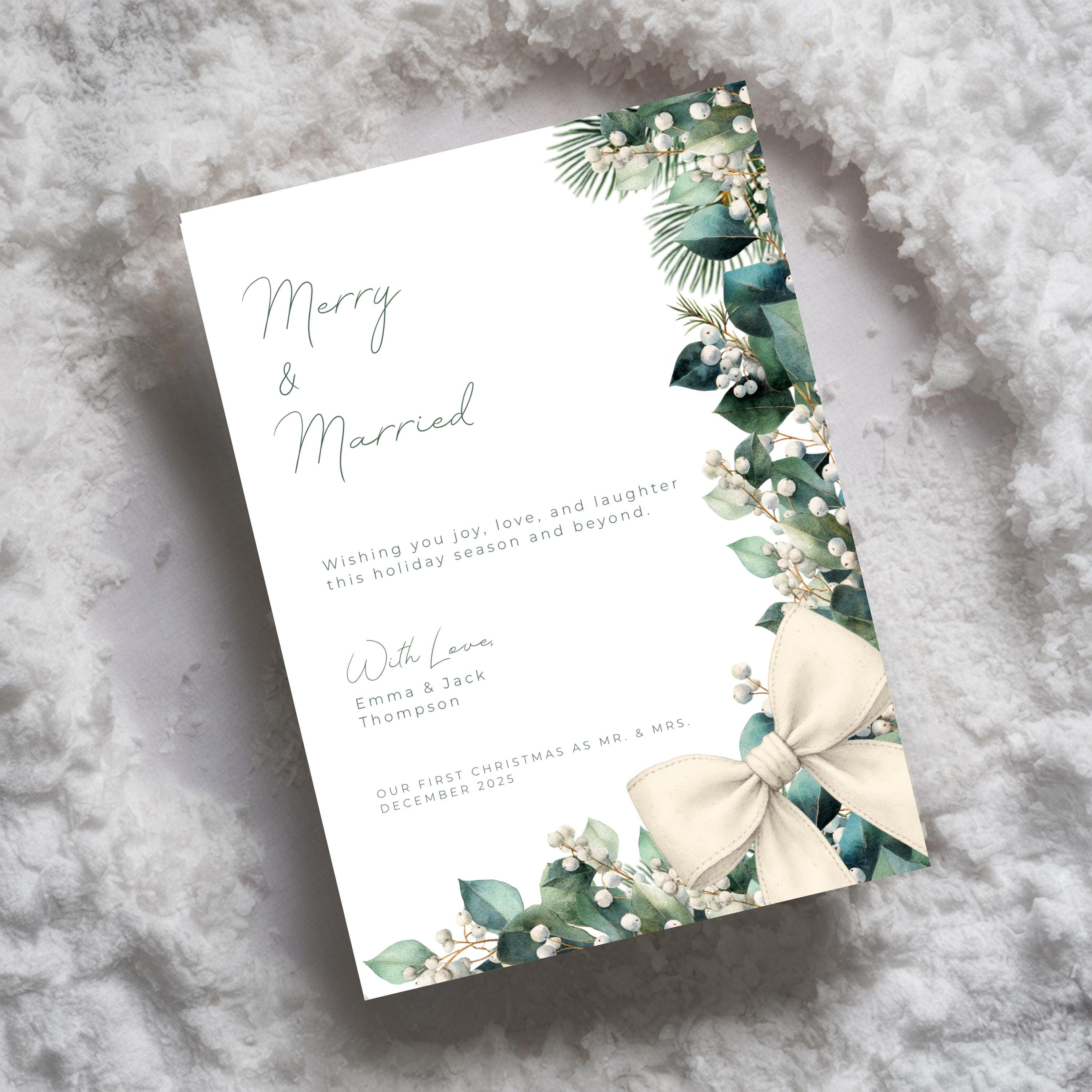 Merry & Married Holiday Card Template | Editable First Christmas Married Card | Holly Greenery Newlywed Christmas Card | Canva Template