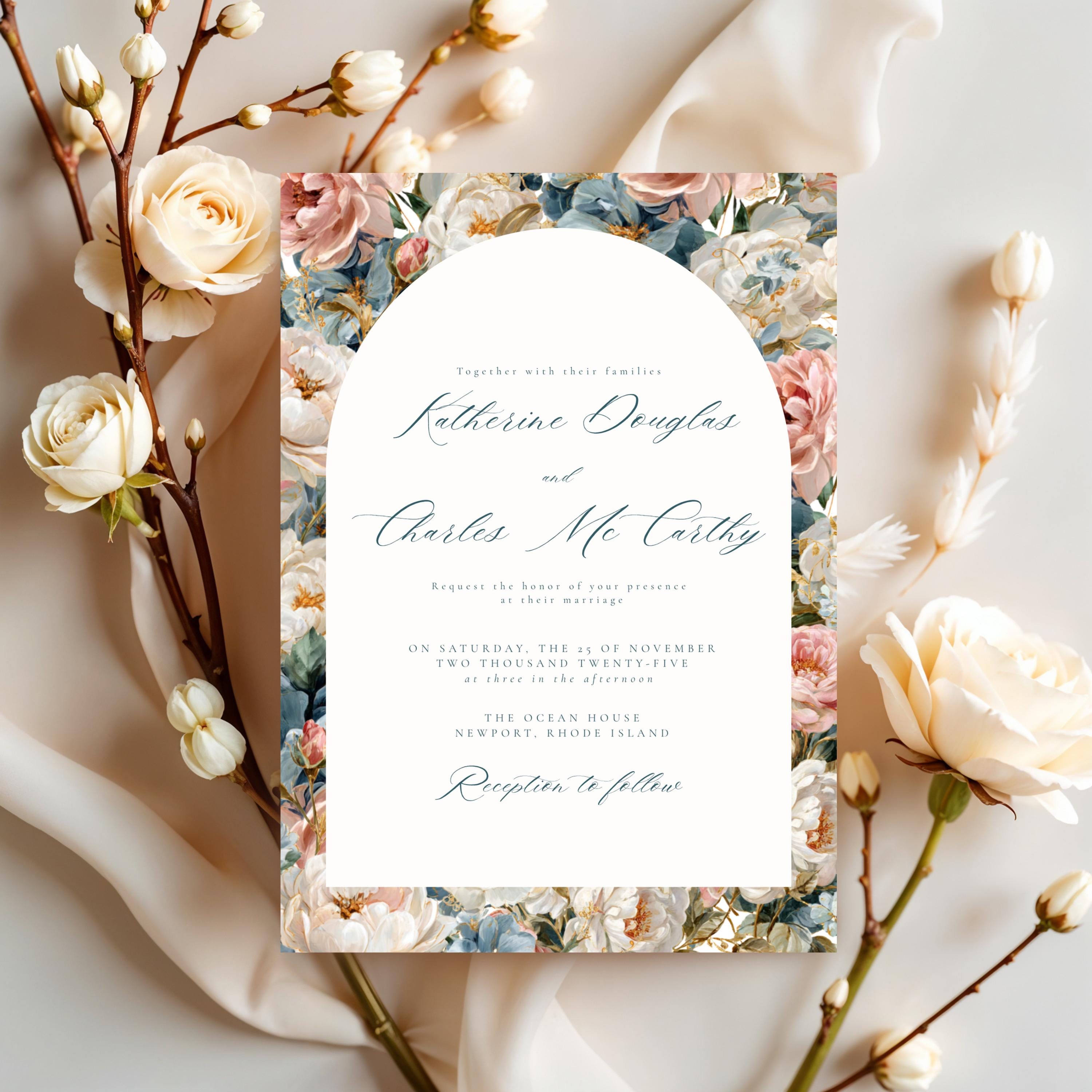 Rococo Flowers Wedding Invitation Template | Editable Canva Invite | Classic Arch Design | Blue & Pink Flowers | Gold Details | DIY Brides