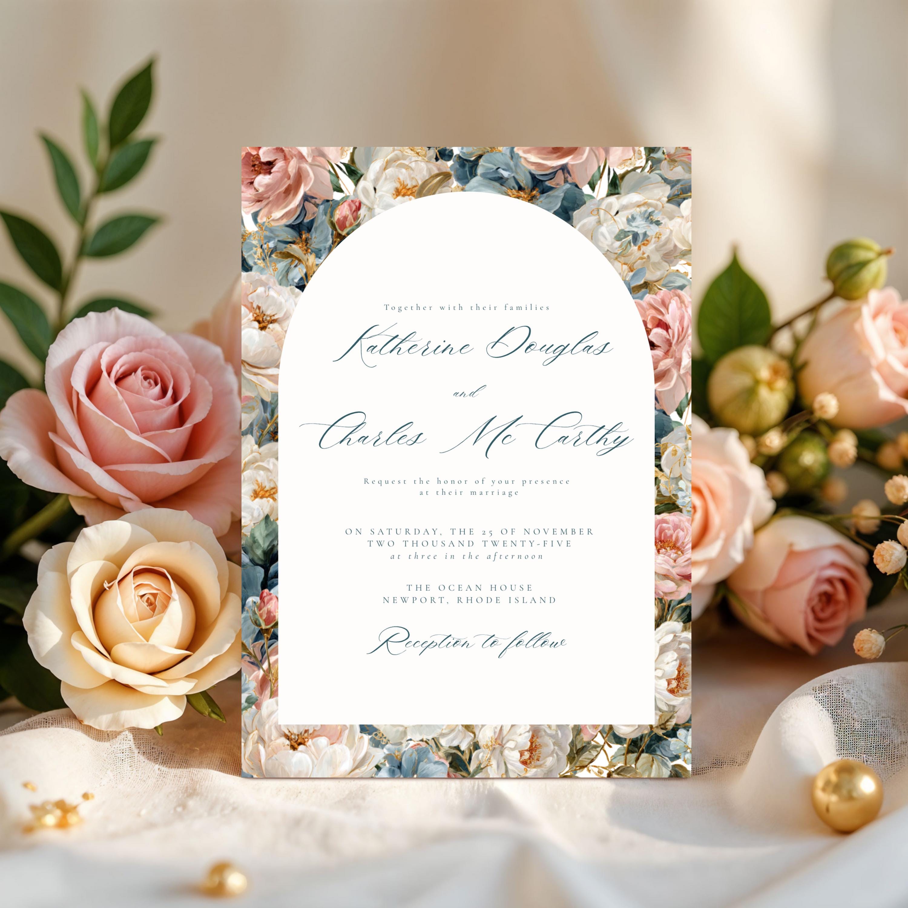 Rococo Flowers Wedding Invitation Template | Editable Canva Invite | Classic Arch Design | Blue & Pink Flowers | Gold Details | DIY Brides