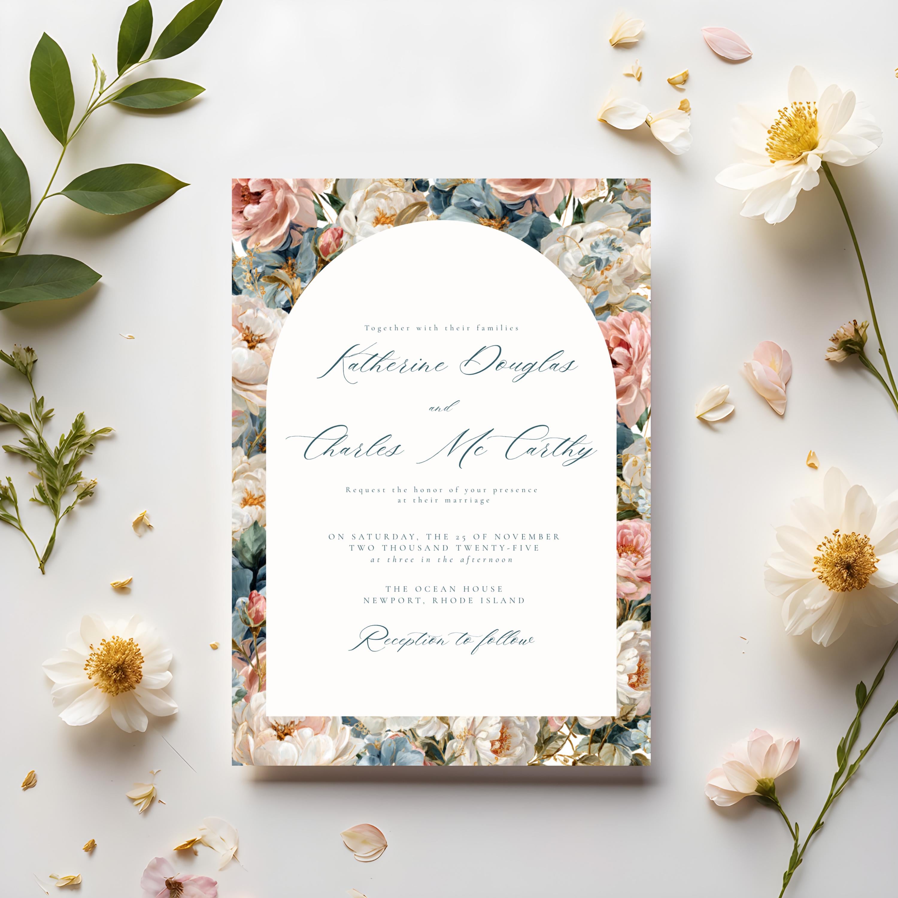 Rococo Flowers Wedding Invitation Template | Editable Canva Invite | Classic Arch Design | Blue & Pink Flowers | Gold Details | DIY Brides