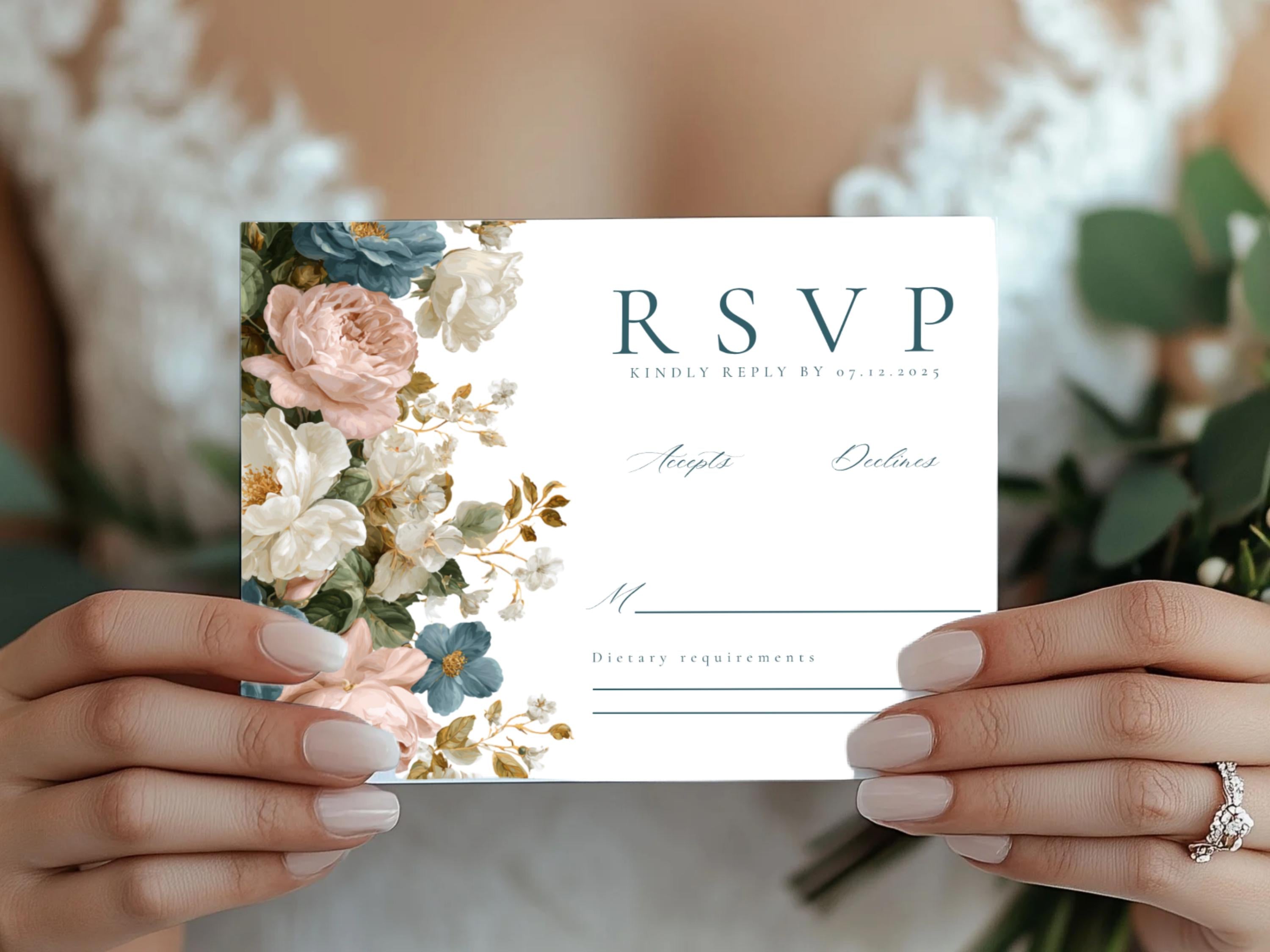 Rococo Floral Wedding RSVP Card Template | Editable Canva RSVP | Elegant Blue & Pink Floral Design | Printable Wedding Template