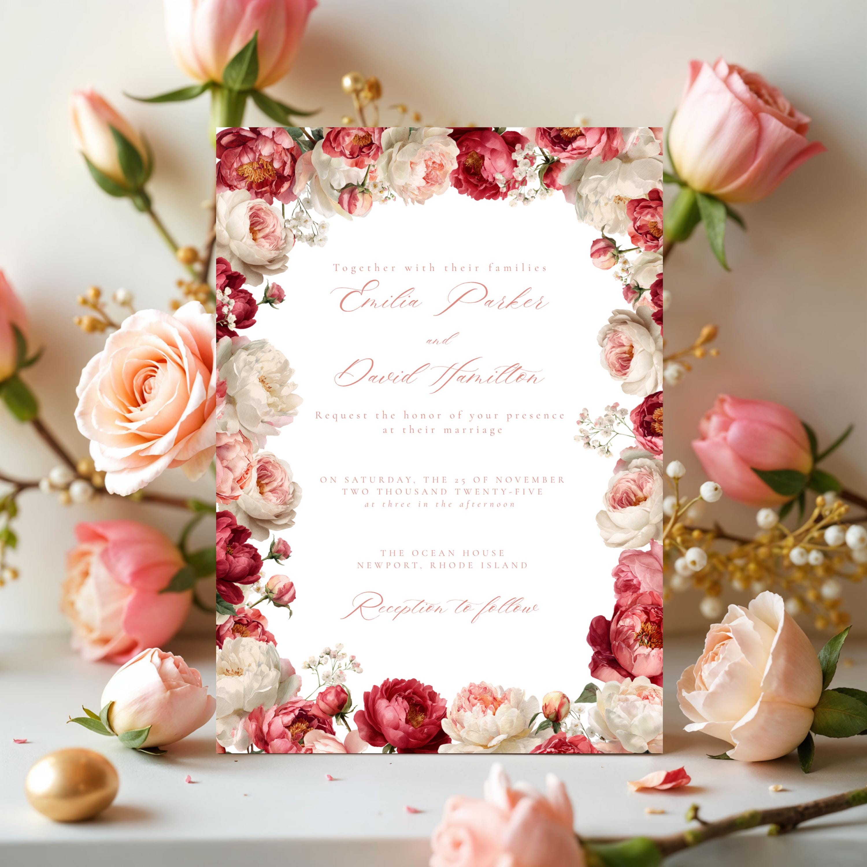 Pink Floral Wedding Invitation Template | Blush Peony & Rose Wedding Invite | Romantic Editable Canva Template for DIY Brides