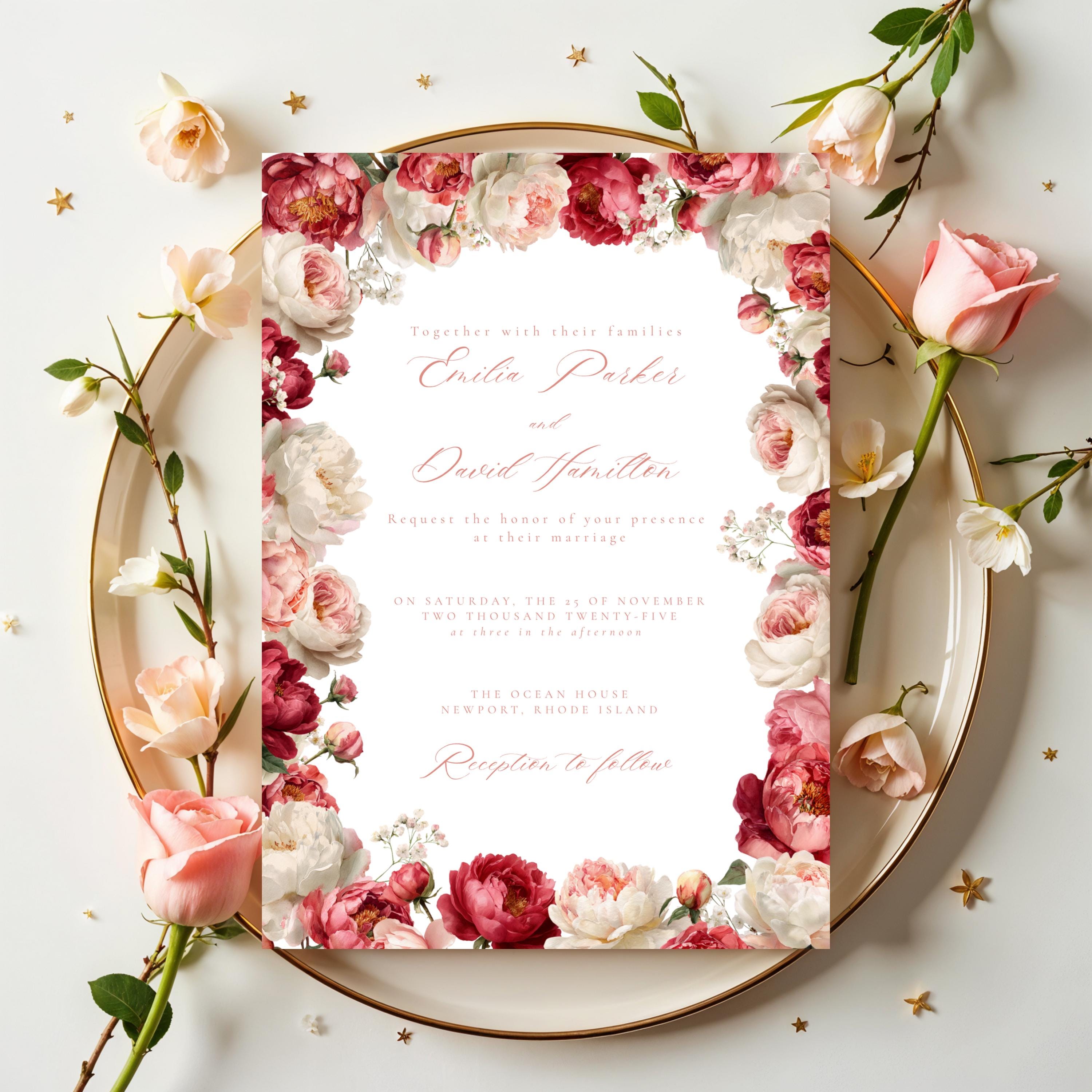 Pink Floral Wedding Invitation Template | Blush Peony & Rose Wedding Invite | Romantic Editable Canva Template for DIY Brides