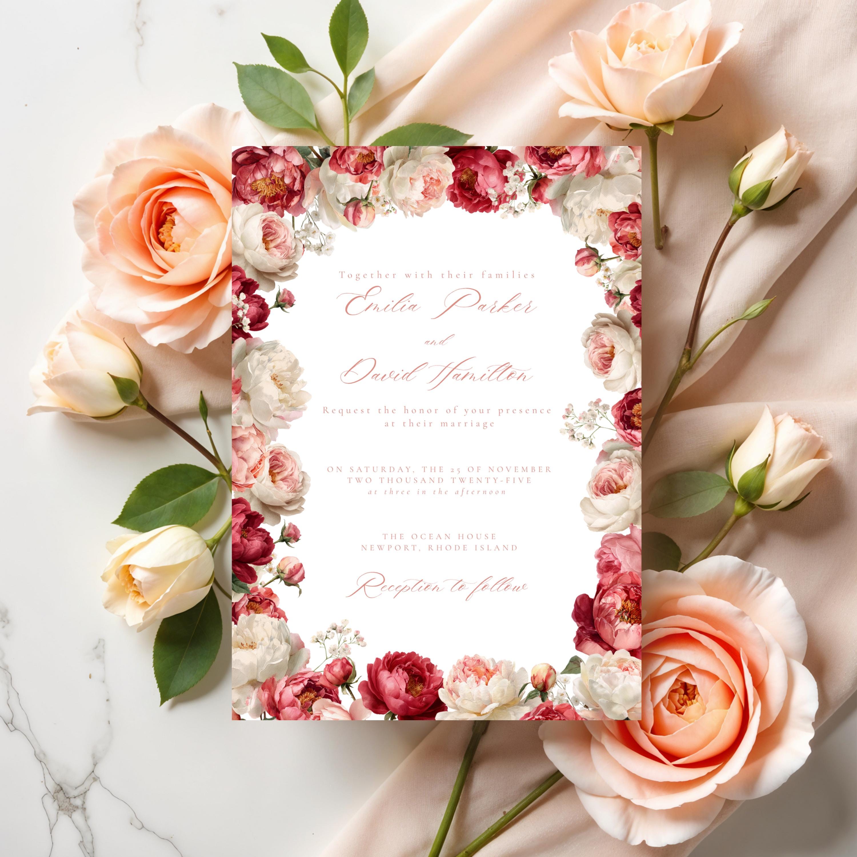 Pink Floral Wedding Invitation Template | Blush Peony & Rose Wedding Invite | Romantic Editable Canva Template for DIY Brides