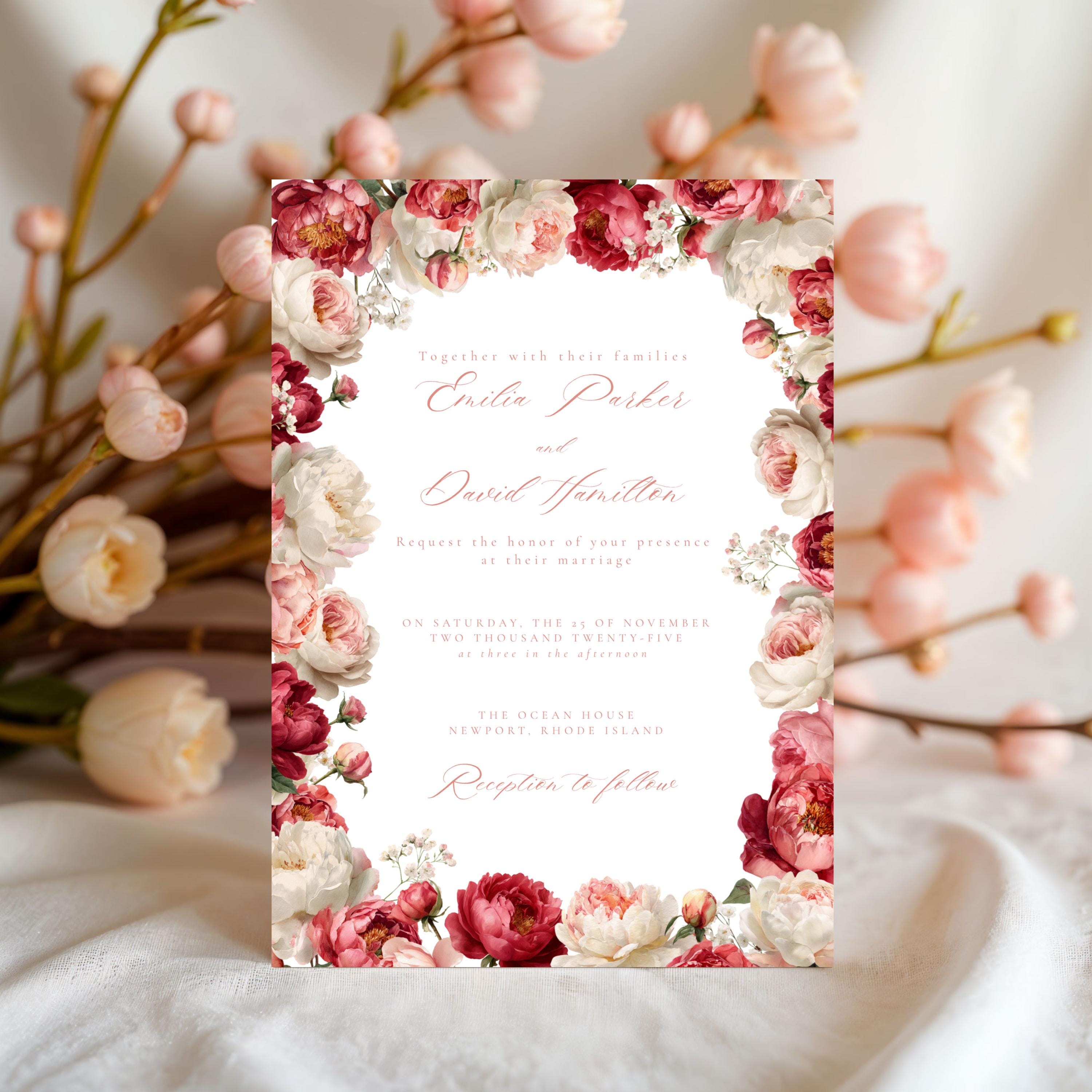 Pink Floral Wedding Invitation Template | Blush Peony & Rose Wedding Invite | Romantic Editable Canva Template for DIY Brides