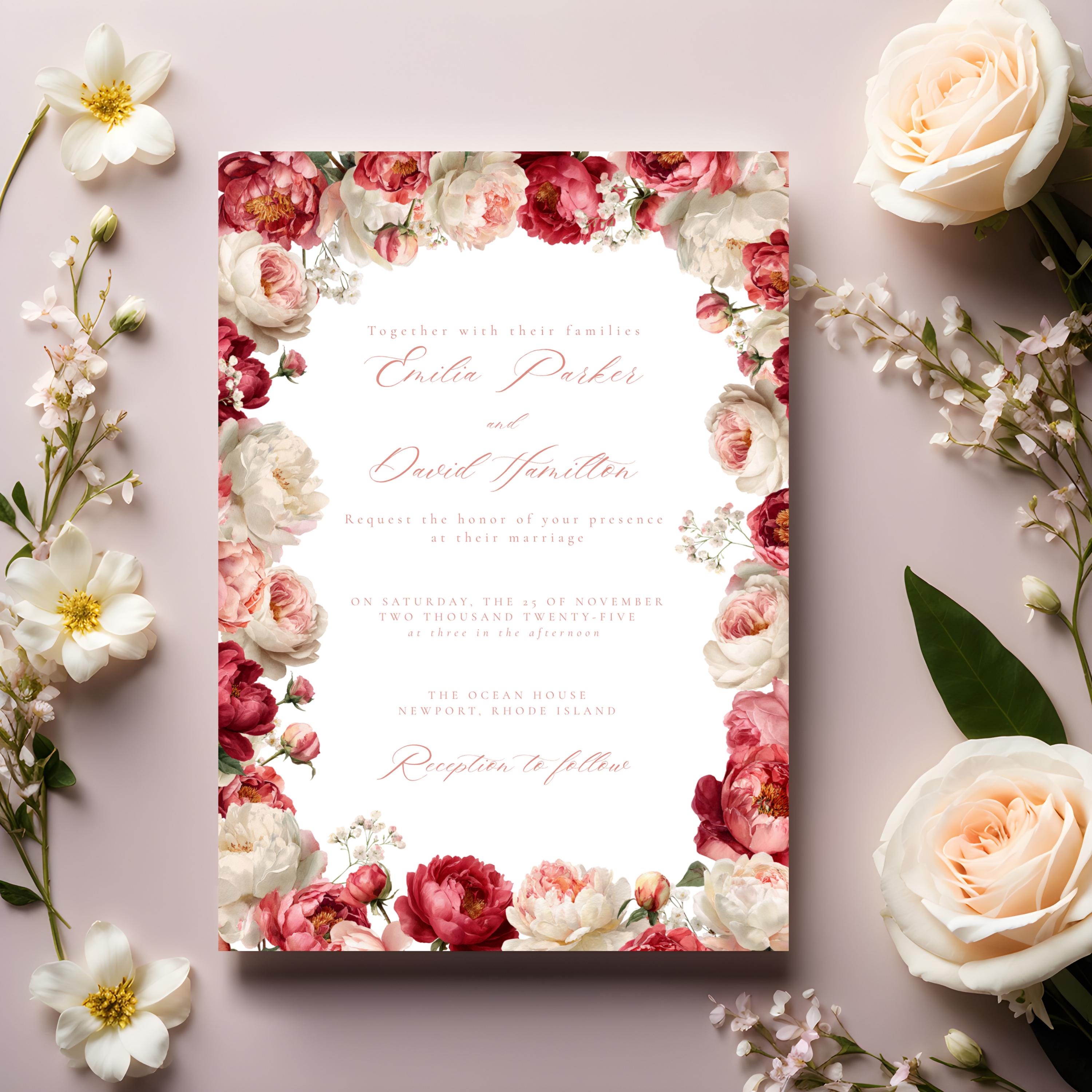 Pink Floral Wedding Invitation Template | Blush Peony & Rose Wedding Invite | Romantic Editable Canva Template for DIY Brides