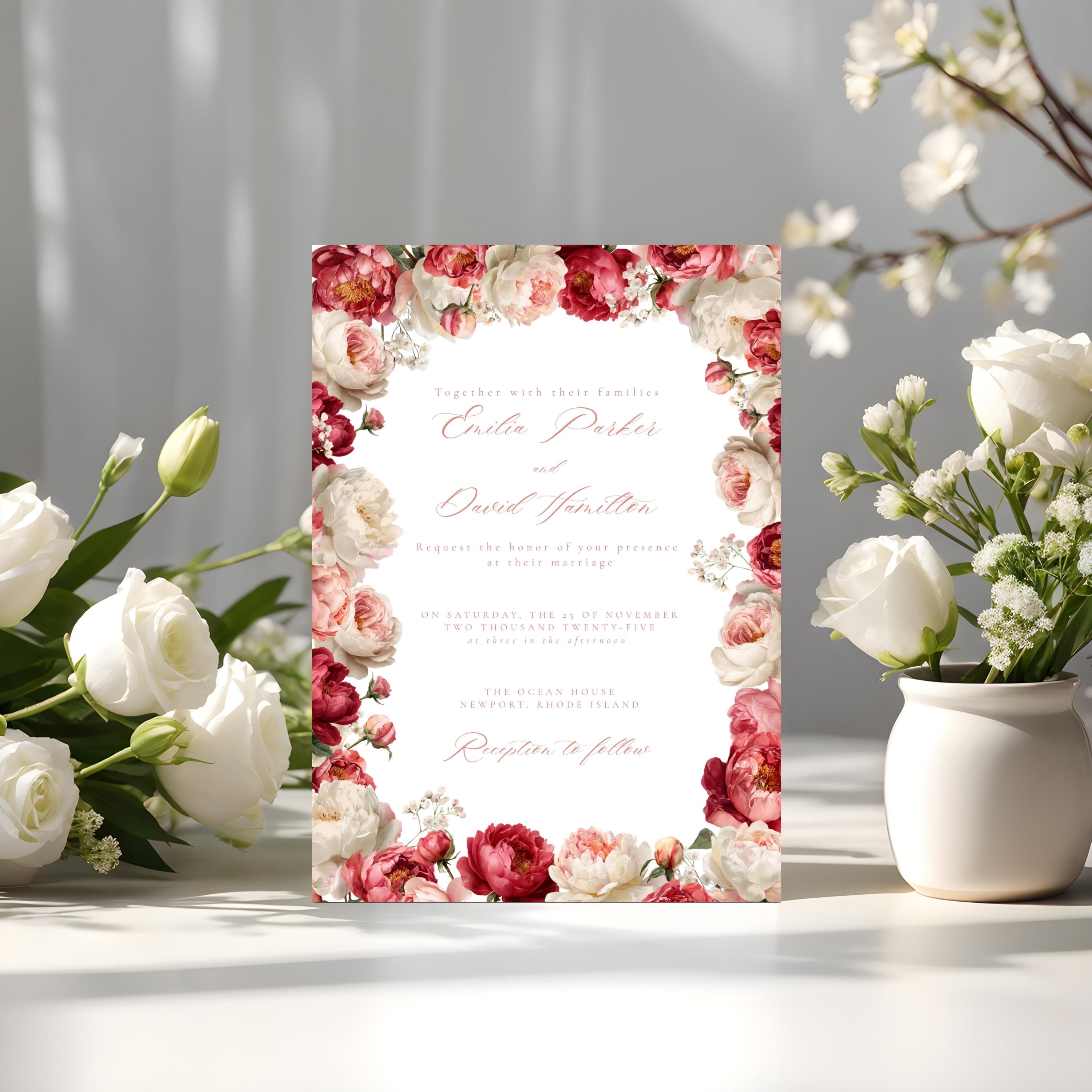 Pink Floral Wedding Invitation Template | Blush Peony & Rose Wedding Invite | Romantic Editable Canva Template for DIY Brides