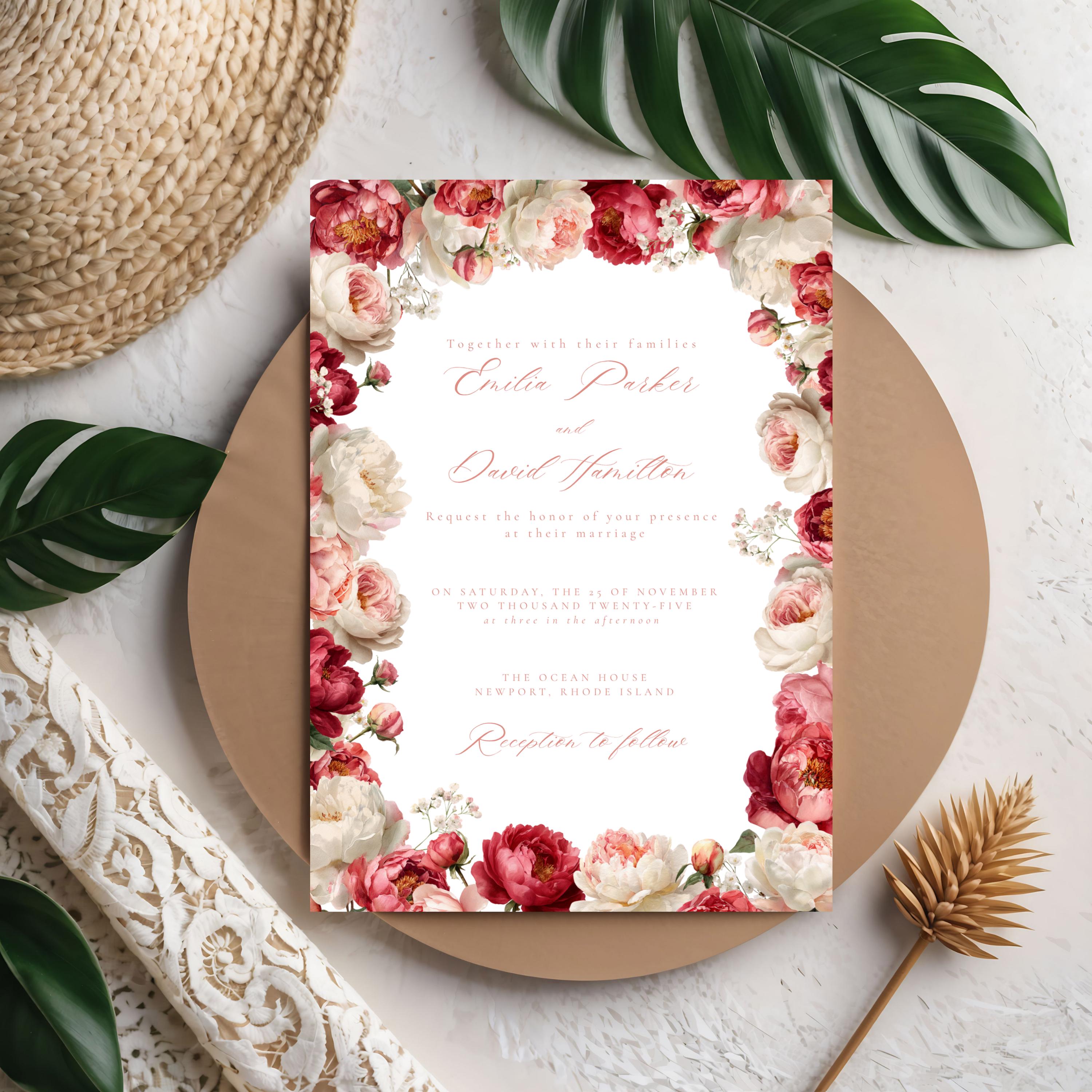 Pink Floral Wedding Invitation Template | Blush Peony & Rose Wedding Invite | Romantic Editable Canva Template for DIY Brides