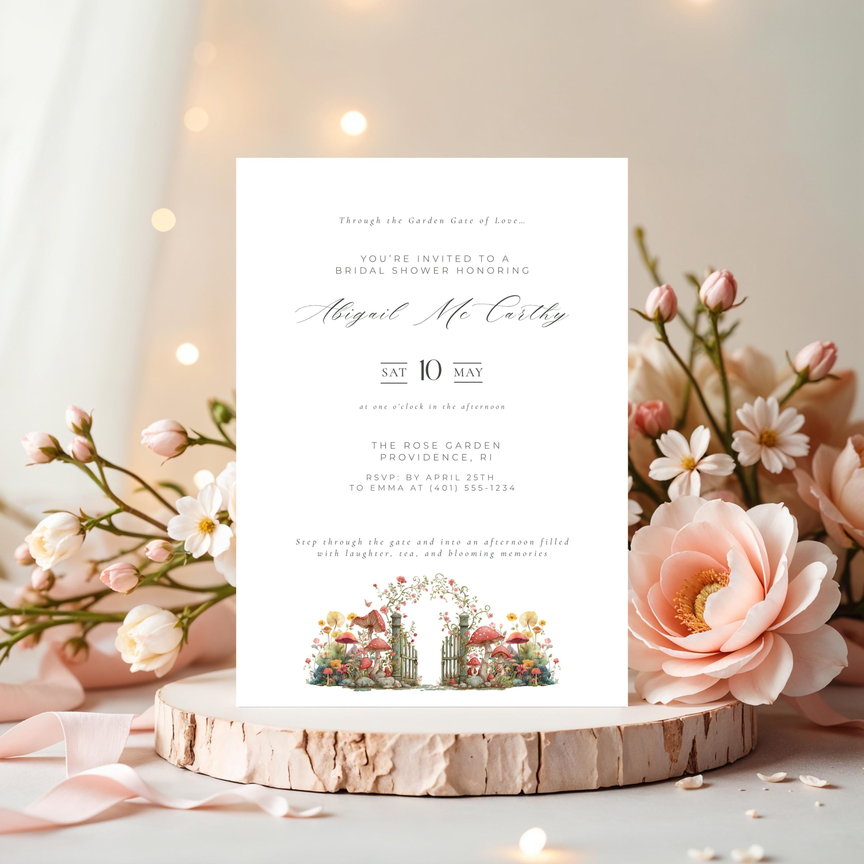 Elegant Garden Gate Bridal Shower Invitation Template (Editable Canva)