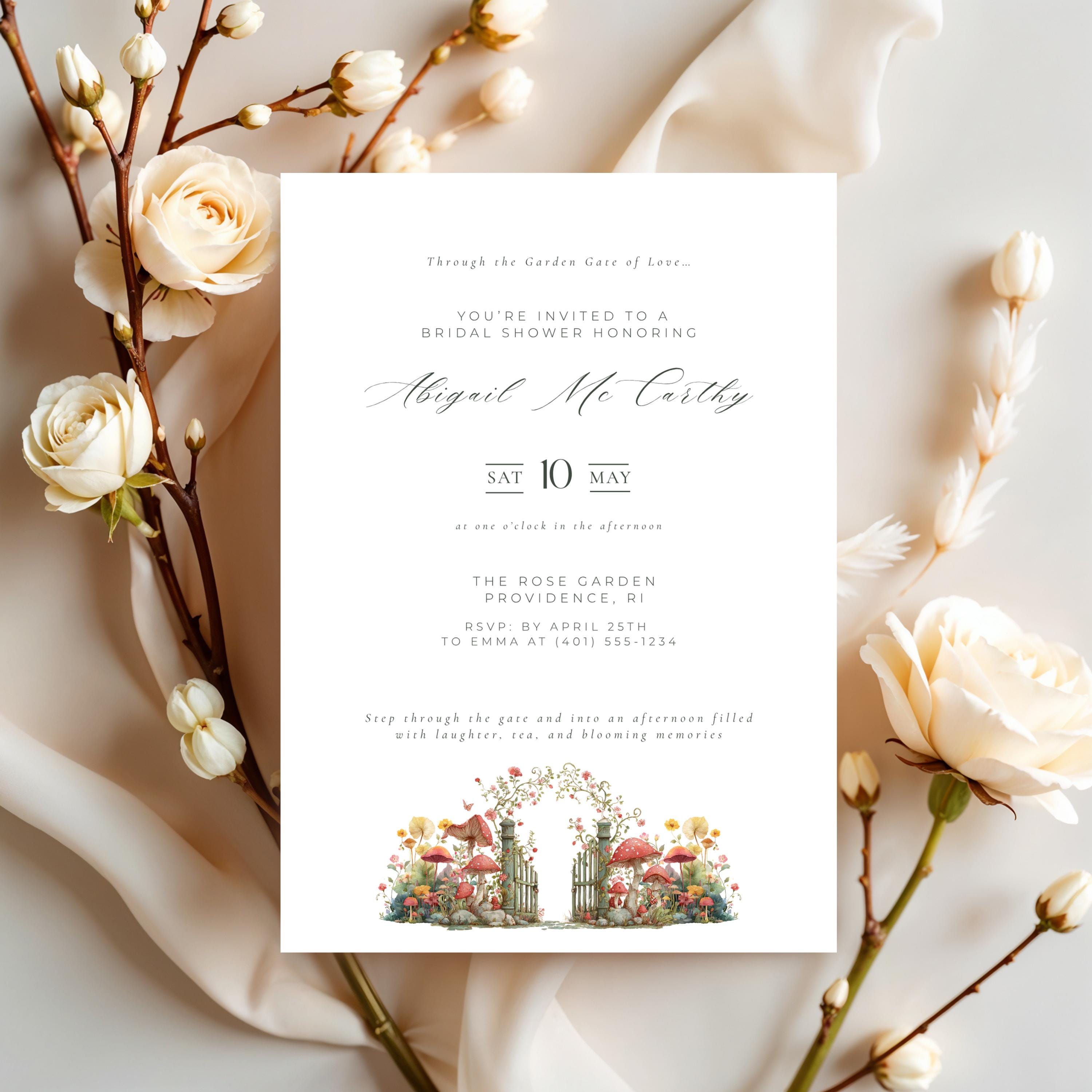Elegant Garden Gate Bridal Shower Invitation Template (Editable Canva)