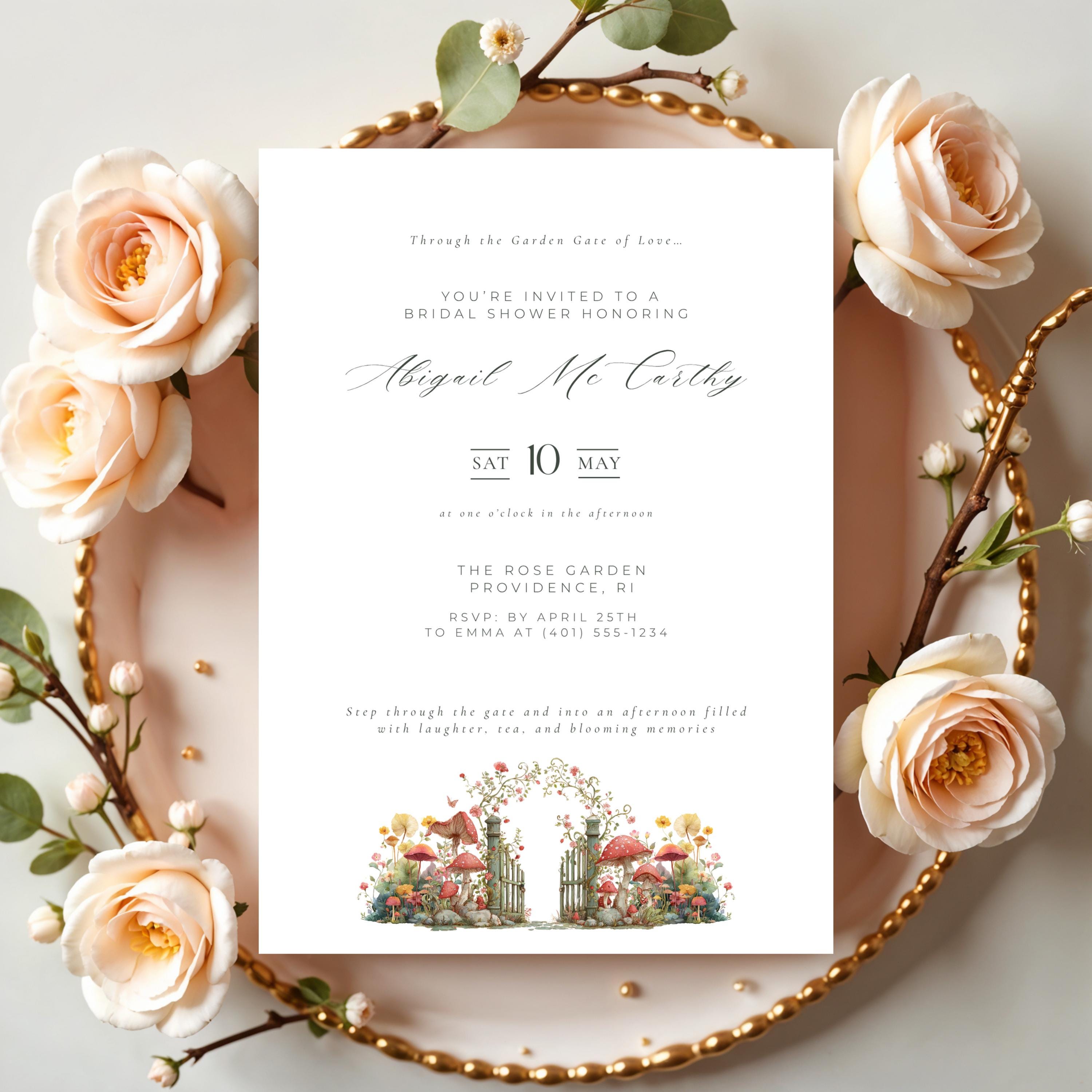 Elegant Garden Gate Bridal Shower Invitation Template (Editable Canva)