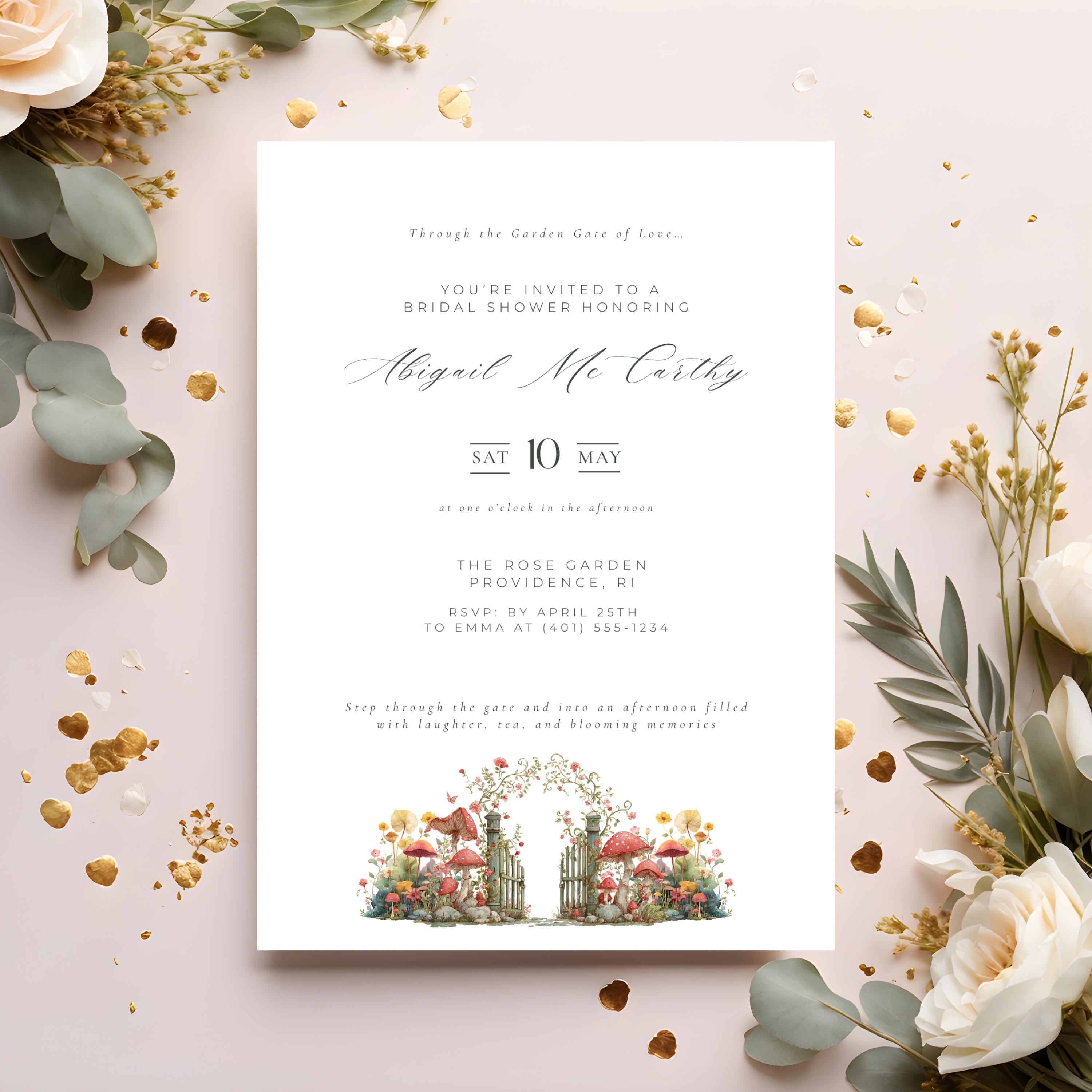 Elegant Garden Gate Bridal Shower Invitation Template (Editable Canva)
