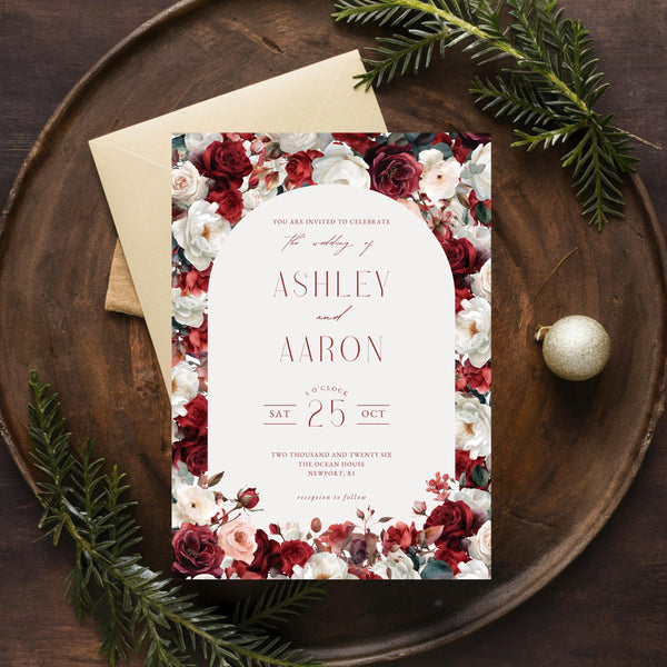Red & White Floral Wedding Invitation Template (Canva Editable)