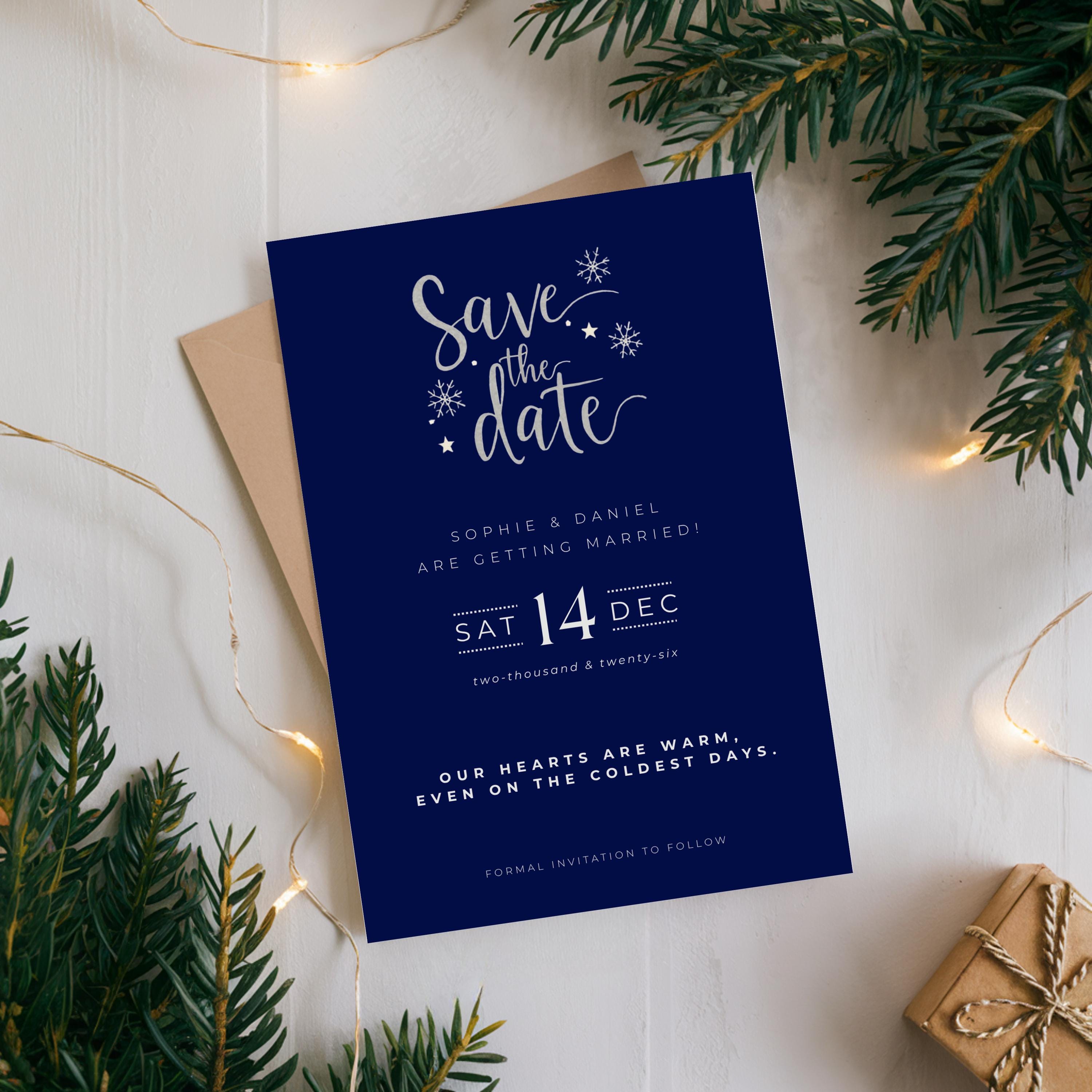 Elegant Winter Save the Date Template | Navy & Silver (Canva Editable)