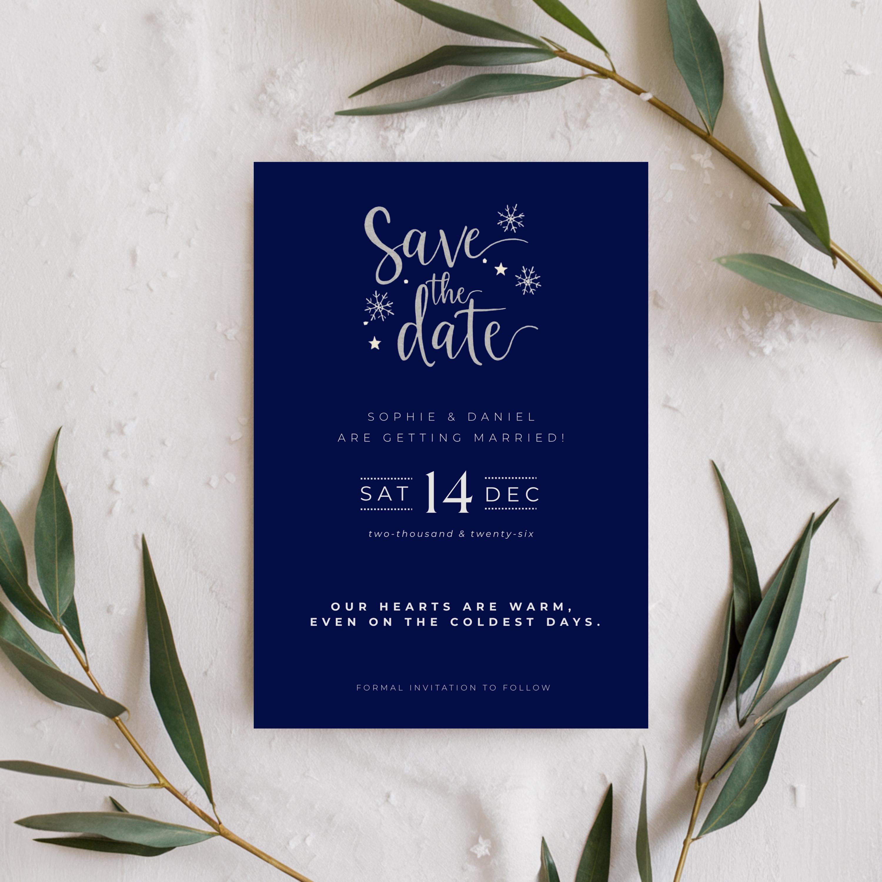 Elegant Winter Save the Date Template | Navy & Silver (Canva Editable)