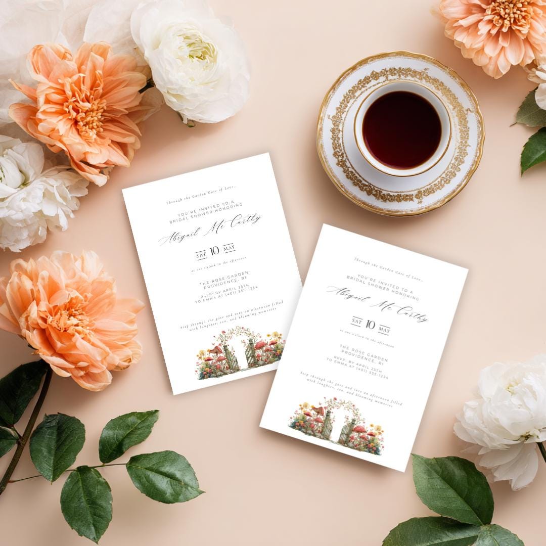 Elegant Garden Gate Bridal Shower Invitation Template (Editable Canva)