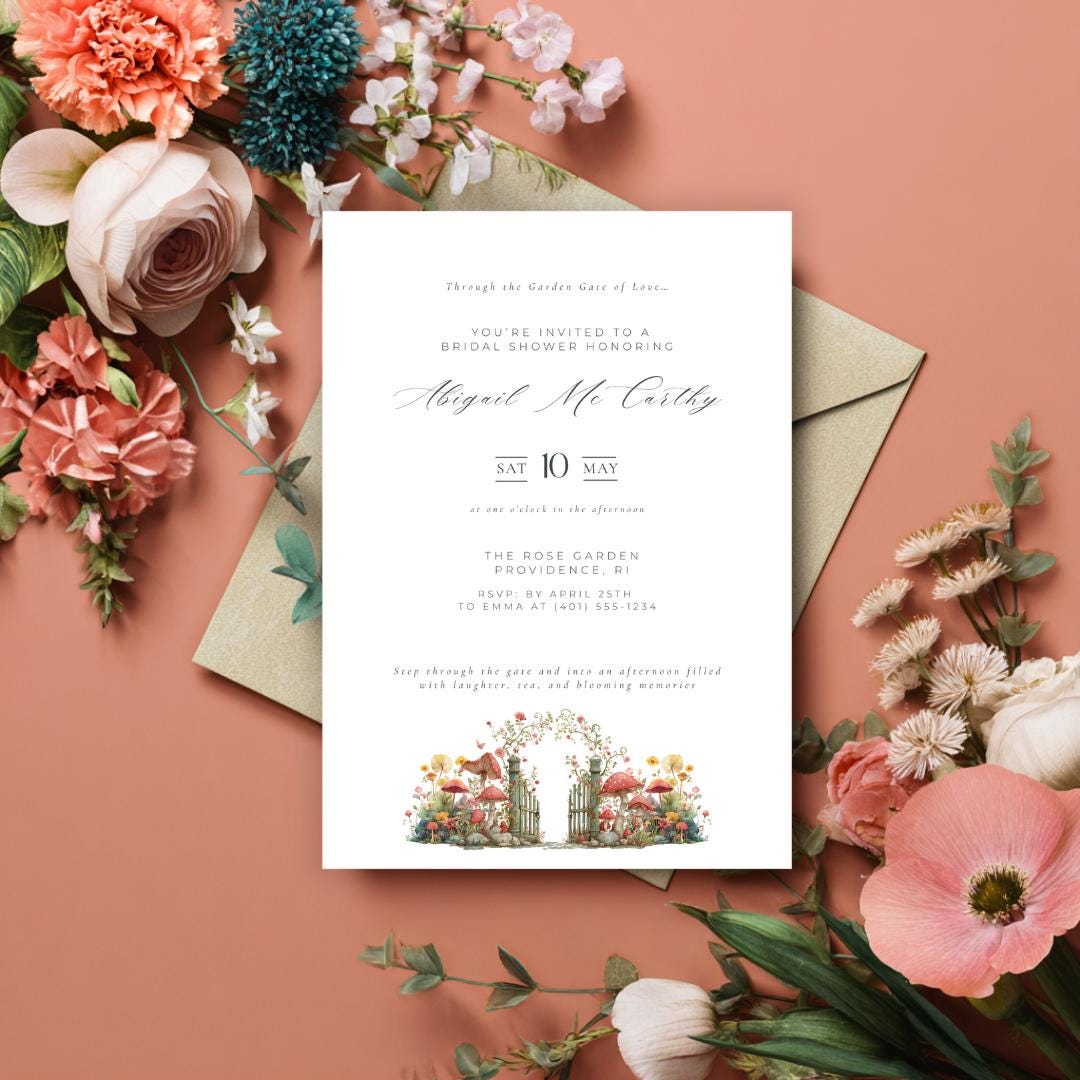 Elegant Garden Gate Bridal Shower Invitation Template (Editable Canva)