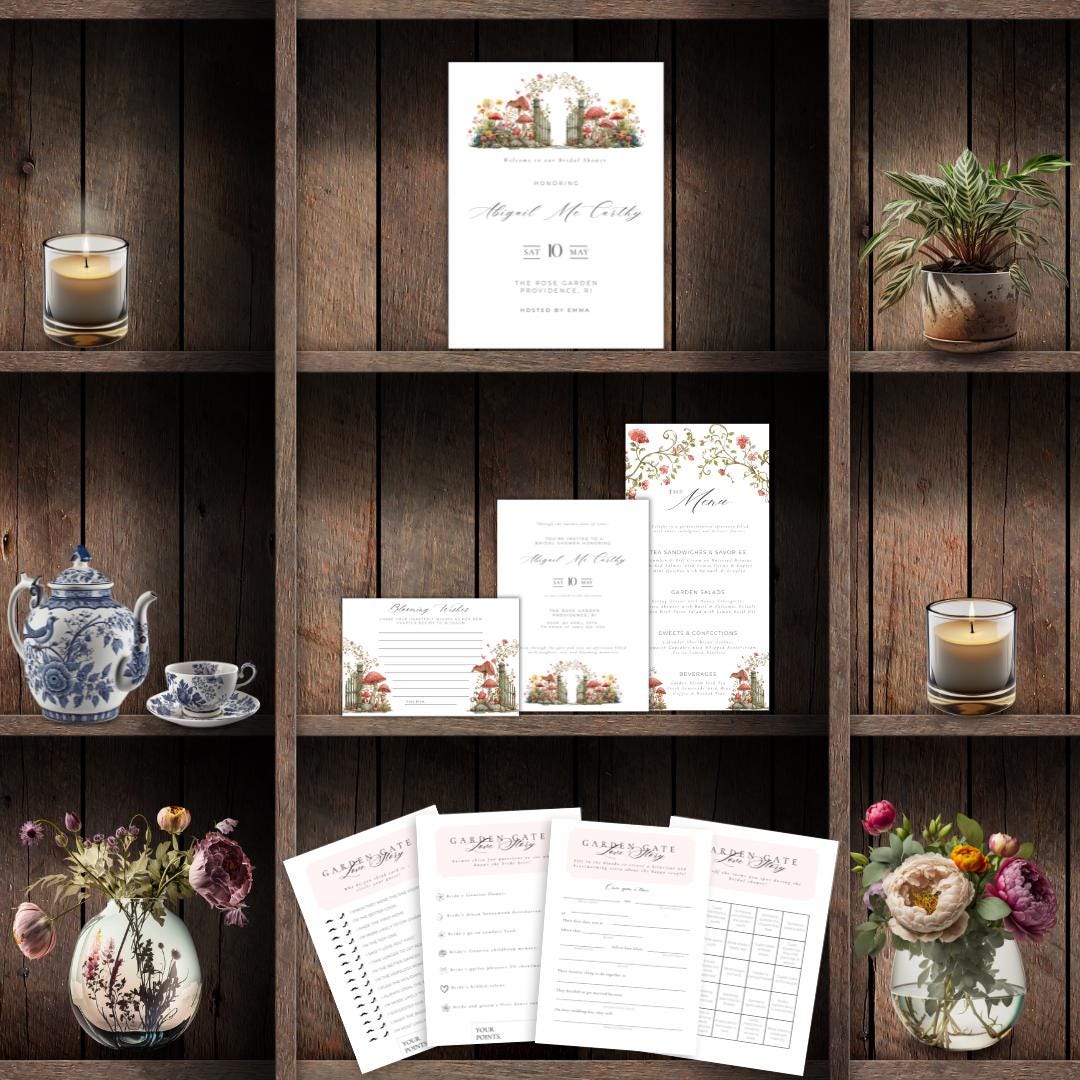 Garden Gate and Flowers Bridal Shower Suite - Elegant Canva Templates - Instant Download