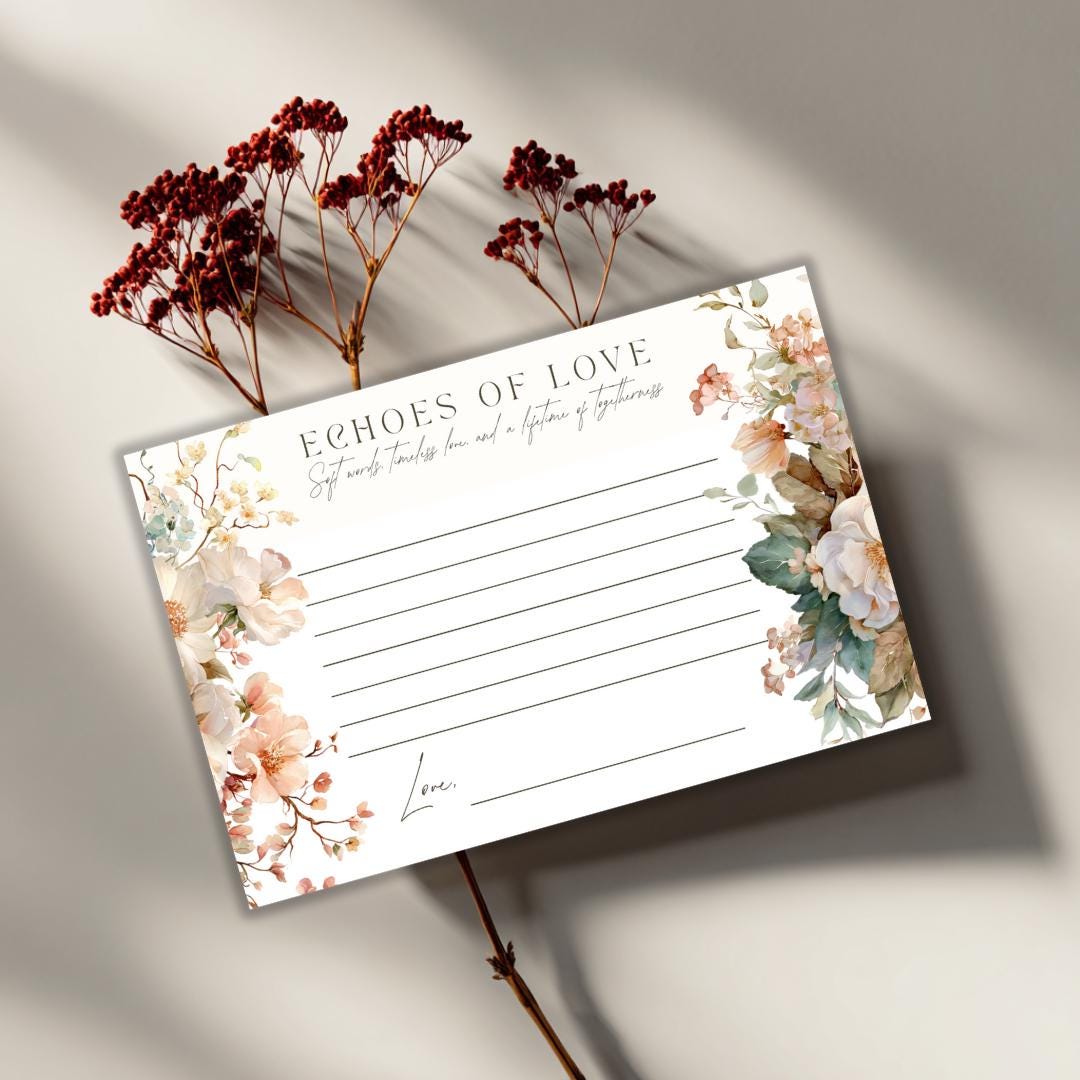 Bridal Shower Well Wishes Editable Canva Template, Light Peach Florals, Boho Garden Style, DIY Printable 6x4 Card, Elegant Wedding Design