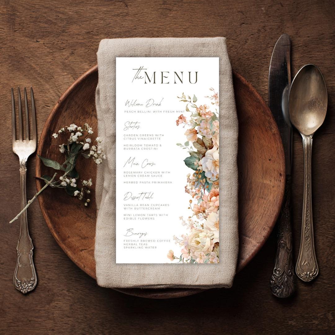 Bridal Shower Menu Template Boho Garden Style with Soft Peach Florals, DIY Editable Canva Menu for Elegant Wedding Events