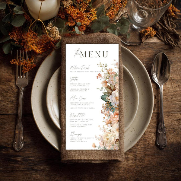 Bridal Shower Menu Template Boho Garden Style with Soft Peach Florals, DIY Editable Canva Menu for Elegant Wedding Events