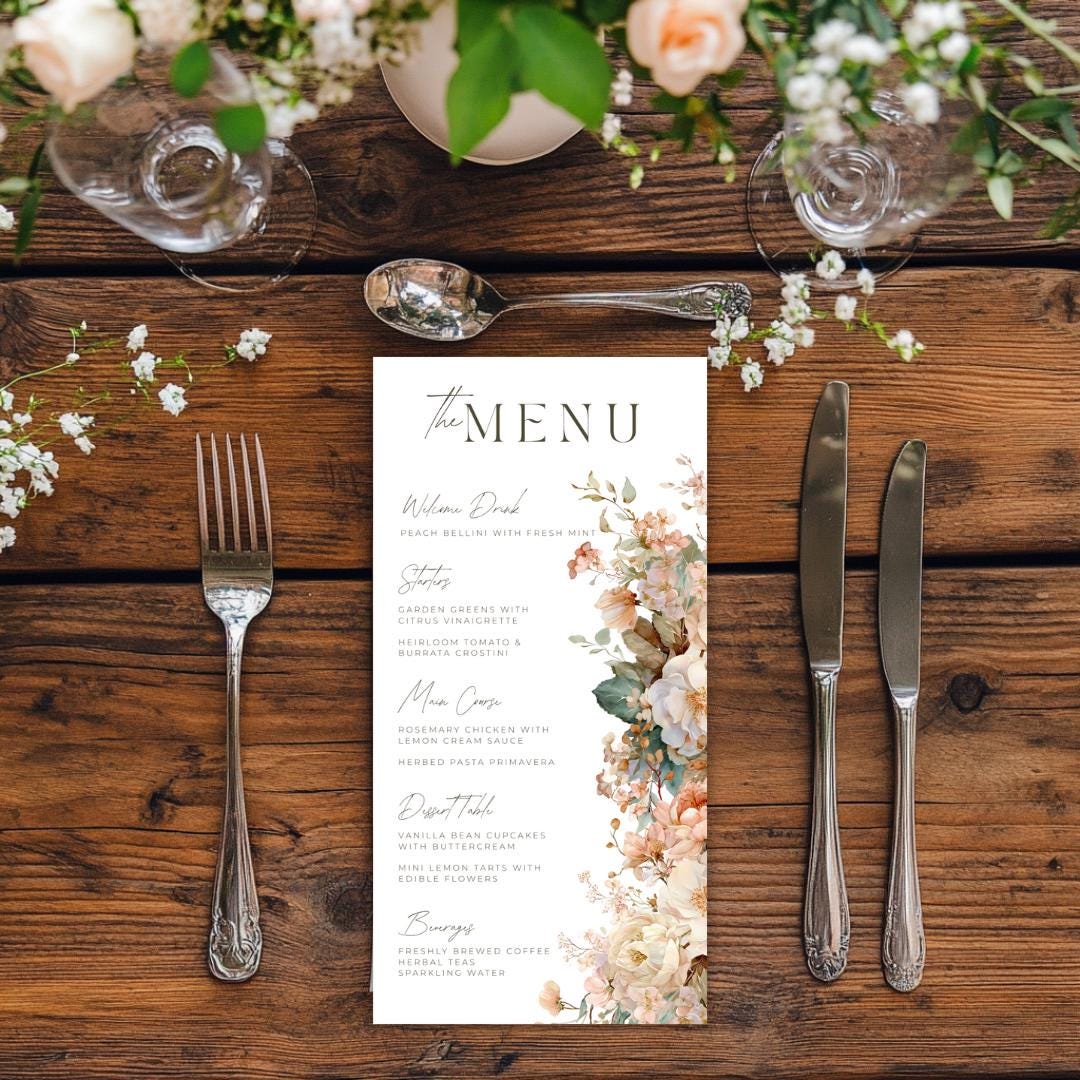 Bridal Shower Menu Template Boho Garden Style with Soft Peach Florals, DIY Editable Canva Menu for Elegant Wedding Events