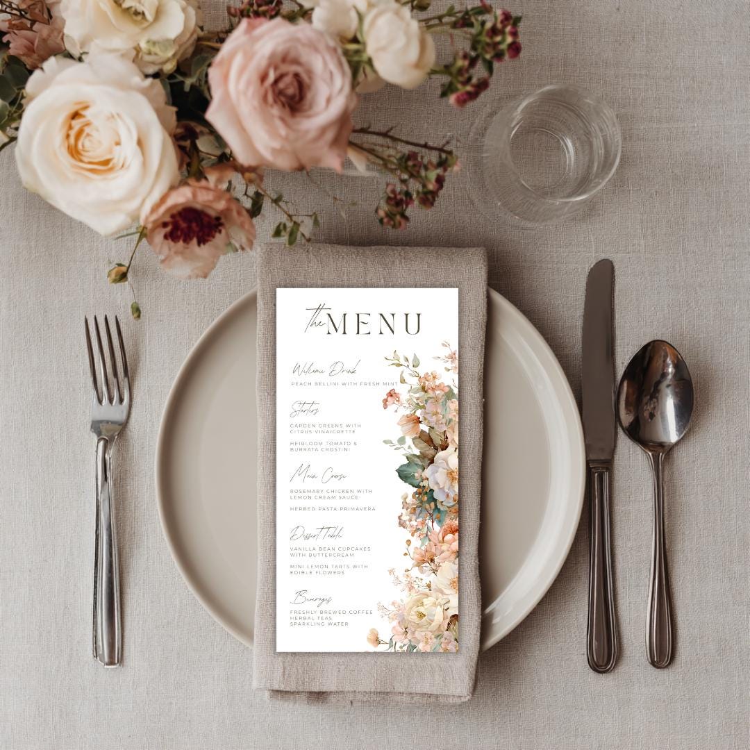Bridal Shower Menu Template Boho Garden Style with Soft Peach Florals, DIY Editable Canva Menu for Elegant Wedding Events