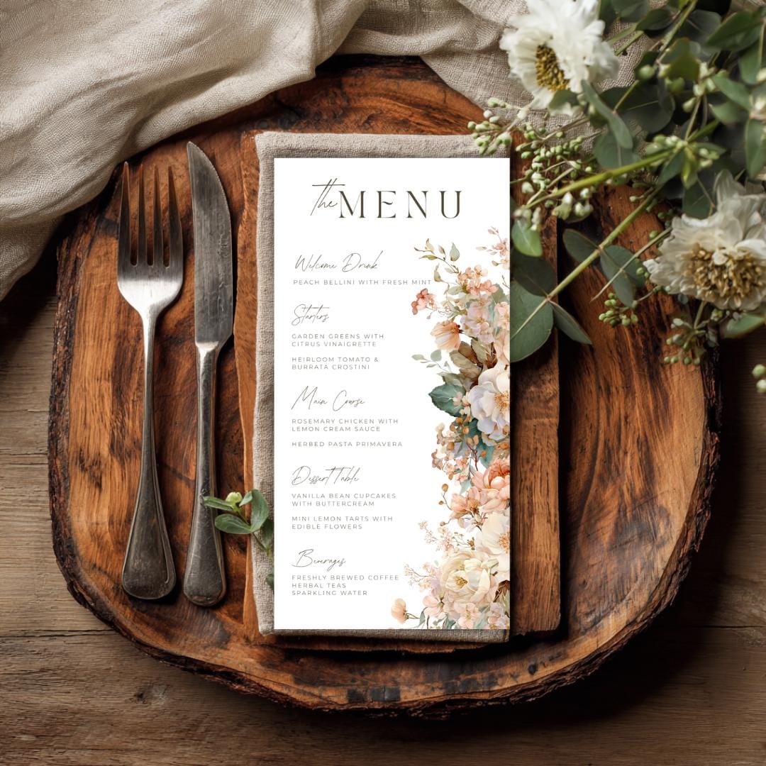 Bridal Shower Menu Template Boho Garden Style with Soft Peach Florals, DIY Editable Canva Menu for Elegant Wedding Events