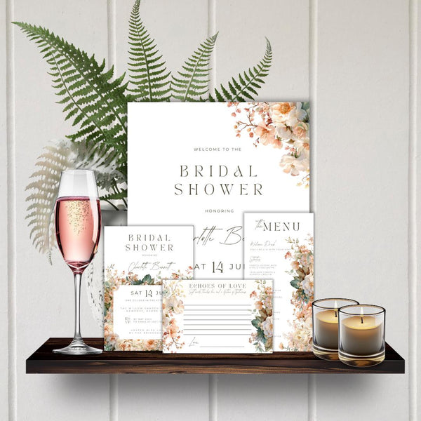 Bridal Shower Template Suite Peach Flowers | Invitation, Menu, Welcome Sign, Well Wishes | Editable Canva Templates for DIY Brides