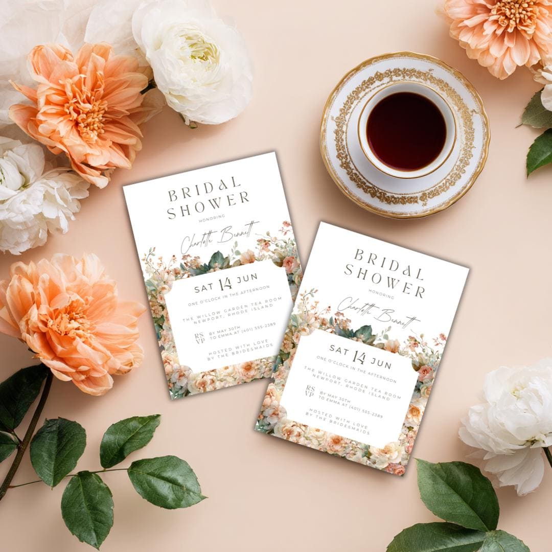 Bridal Shower Template Suite Peach Flowers | Invitation, Menu, Welcome Sign, Well Wishes | Editable Canva Templates for DIY Brides