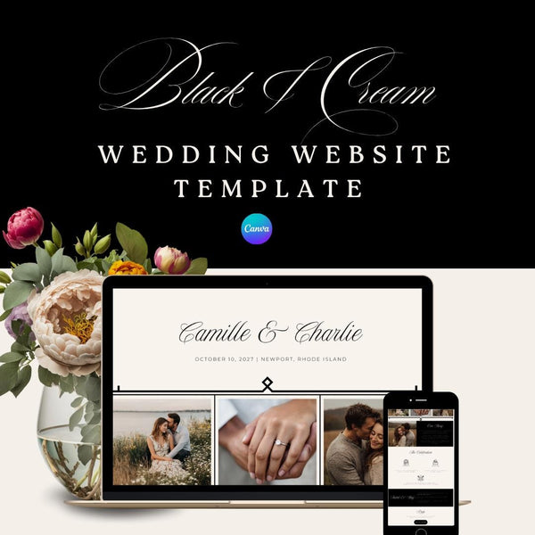 Elegant Black & Cream Wedding Website Template Canva | One Page Editable Wedding Website | Formal Wedding Website Design | No Coding Needed